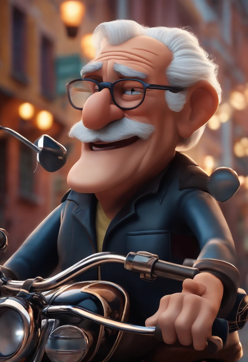 a 3D Disney Pixar style poster of an elderly man with glasses,  pilotando uma Harley Davison 883 em um passeio de motocicleta