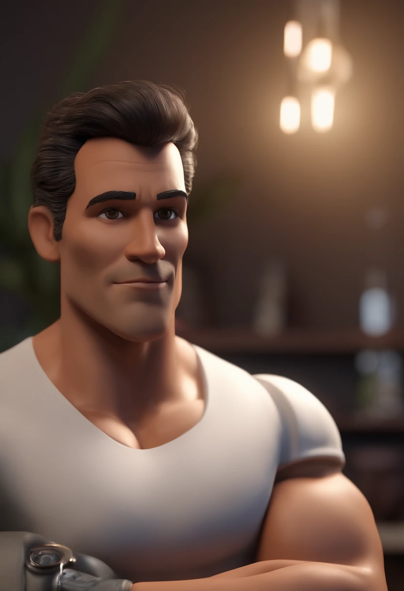 Personagem de desenho animado de um homem forte musculoso cabelo grisalho curto olhos castanhos usando uma camiseta cavada preta, um personagem animado, Caractere estilizado, animation style rendering, 3D estilizado, Arnold Maya render, 3 d render stylized, toon render keyshot, Personagem 3D, Personagem 3D, 3d rendering stylized, 3 d character render, personagem de desenho animado, Personagem de close up, Pose de personagem, (Estilo Pixar) (master part:1.2) (Bokeh) (best quality) (pele detalhada) (textura detalhada) (8k) (argila) (Cinematic lighting) (foco nítido,Senta e vaza a parte superior do corpo