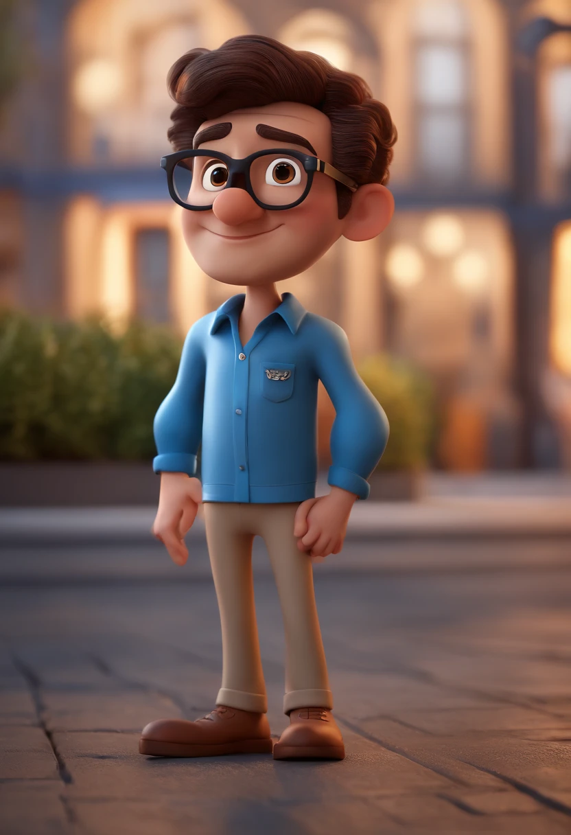 Cartoon character of a man with black glasses and a blue shirt, animation character, Caractere estilizado, animation style rendering, 3D estilizado, Arnold Maya render, 3 d render stylized, toon render keyshot, Personagem 3D, Personagem 3D, 3d rendering stylized, 3 d character render, personagem de desenho animado, Personagem de close up, Pose de personagem, (Estilo Pixar) (master part:1.2) (Bokeh) (best quality) (pele detalhada) (textura detalhada) (8k) (argila) (Cinematic lighting) (foco nítido
