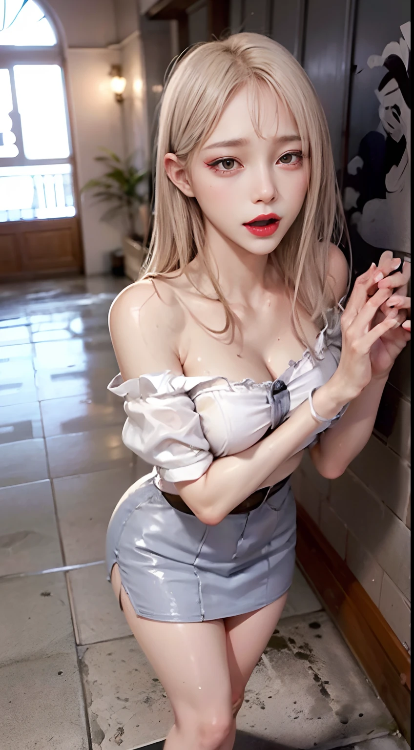 maidennurse、Bare-skinned maiden、Viscous clear liquid、tentacle licking、Lie face up、Hands separated by chains、strife、distress、insertion、（Off-shoulder translucent wet white blouse)、(Loose red tie)、((Translucent wet white panties)),Transparent stockings、Wet silver-white hair、(blue eyess)、(she is soaking wet),((Twisted mini skirt))