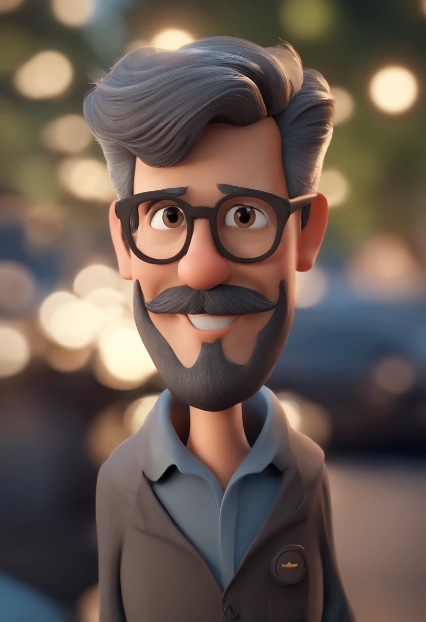 Cartoon character of a man with blue glasses, cabelos castanho e uma camisa preta, beard also black and a little gray, Thin face and smile on face animation character, Caractere estilizado, animation style rendering, 3D estilizado, Arnold Maya render, 3 d render stylized, toon render keyshot, Personagem 3D, Personagem 3D, 3d rendering stylized, 3 d character render, personagem de desenho animado, Personagem de close up, Pose de personagem,  (Estilo Pixar) (master part:1.2) (Bokeh) (best quality) (pele detalhada) (textura detalhada) (8k) (argila) (Cinematic lighting) (foco nítido