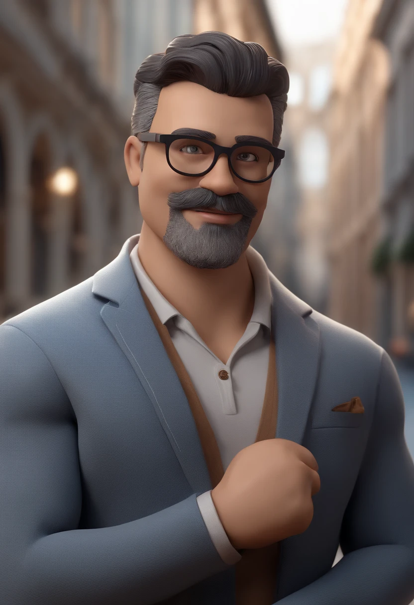 Cartoon character of a man with blue glasses, cabelos castanho e uma camisa preta, beard also black and a little gray, Thin face and smile on face animation character, Caractere estilizado, animation style rendering, 3D estilizado, Arnold Maya render, 3 d render stylized, toon render keyshot, Personagem 3D, Personagem 3D, 3d rendering stylized, 3 d character render, personagem de desenho animado, Personagem de close up, Pose de personagem, (Estilo Pixar) (master part:1.2) (Bokeh) (best quality) (pele detalhada) (textura detalhada) (8k) (argila) (Cinematic lighting) (foco nítido