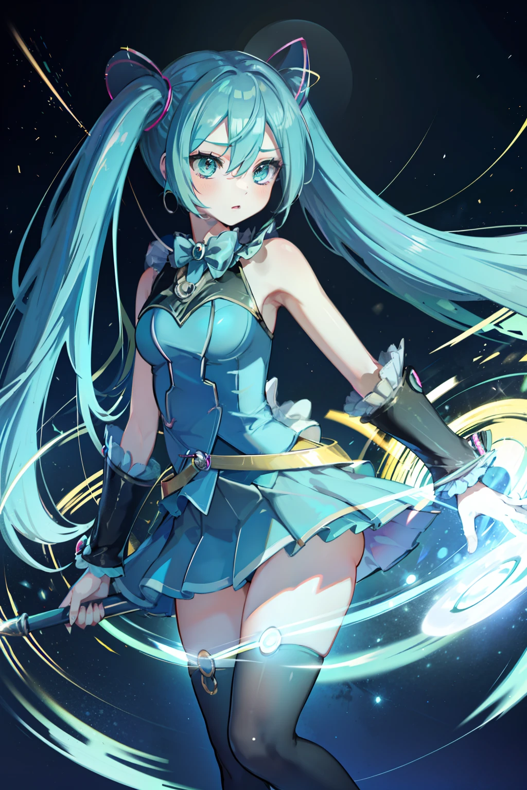 Hatsune Miku coustoms dark magician gils, hermosa y joven Hatsune Miku disfrazada de dark magician gils, cabello aqua extralargo, ojos celestes, traje de mago y sombrero de mago... Fondo de discoteca Luces. Niebla. Luna.