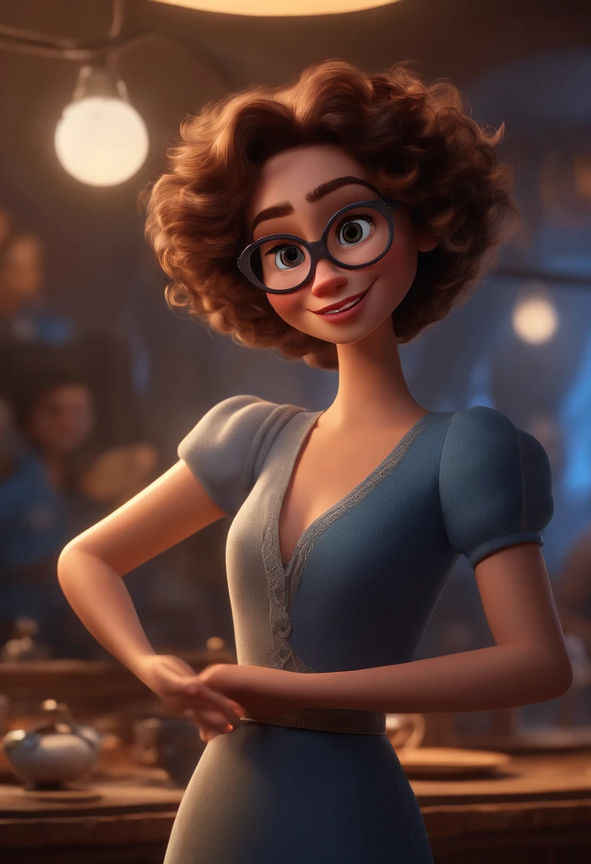 Pixar style image with 3D character white glasses brunette woman short curly hair dancing, Maquiagem Disney,Pescador, bonitinho, sorridente ,Close-up, Pixar, Disney, Cinema lighting,