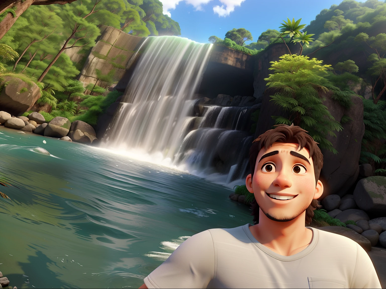 Jovem feliz com cachoeira e natureza ao fundo