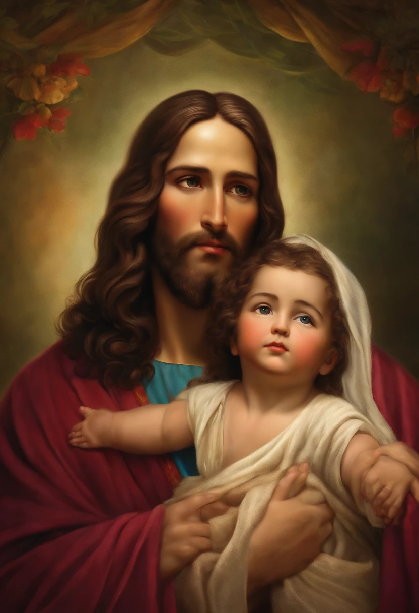 Perfect hand 5 finger, Portrait of a handsome Jesus Christ carrying baby Jesus Christ. wearing blue color of clothes and the light shining from his head and heart all over. Sitting in the throne of the palace, handsome Jesus Christ and baby Jesus Christ, real blue eyes, sunny day, intricate details.real handsome Jesus Christ and baby Jesus Christ, straight head face, Straight body.Prayer handsome Jesus Christ and baby Jesus Christ, perfect full body, perfect hands finger,Prayer handsome Jesus Christ and baby Jesus Christ, praying handsome Jesus Christ and baby Jesus Christ backgrounds natural photographic