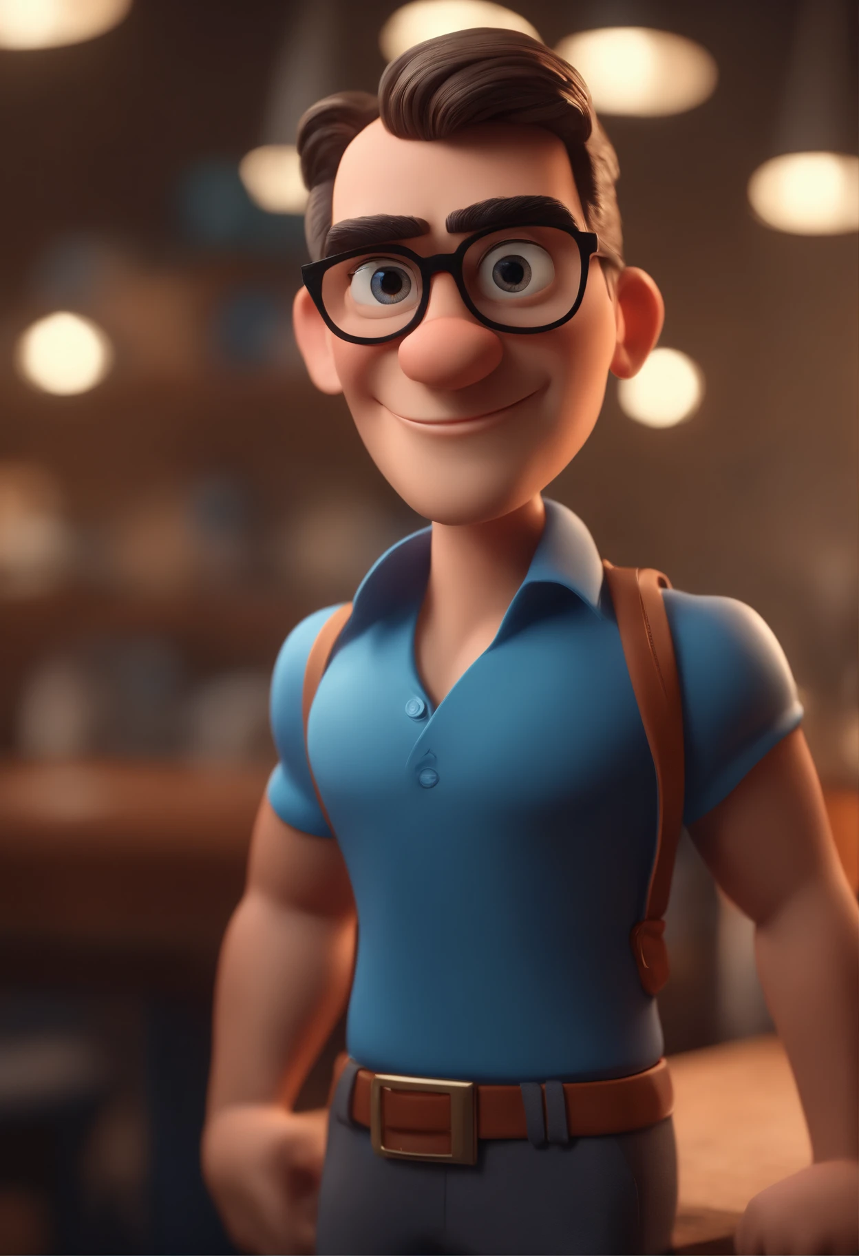Cartoon character of a man with black glasses and a blue shirt, animation character, Caractere estilizado, animation style rendering, 3D estilizado, Arnold Maya render, 3 d render stylized, toon render keyshot, Personagem 3D, Personagem 3D, 3d rendering stylized, 3 d character render, personagem de desenho animado, Personagem de close up, Pose de personagem,  (Estilo Pixar) (master part:1.2) (Bokeh) (best quality) (pele detalhada) (textura detalhada) (8k) (argila) (Cinematic lighting) (foco nítido