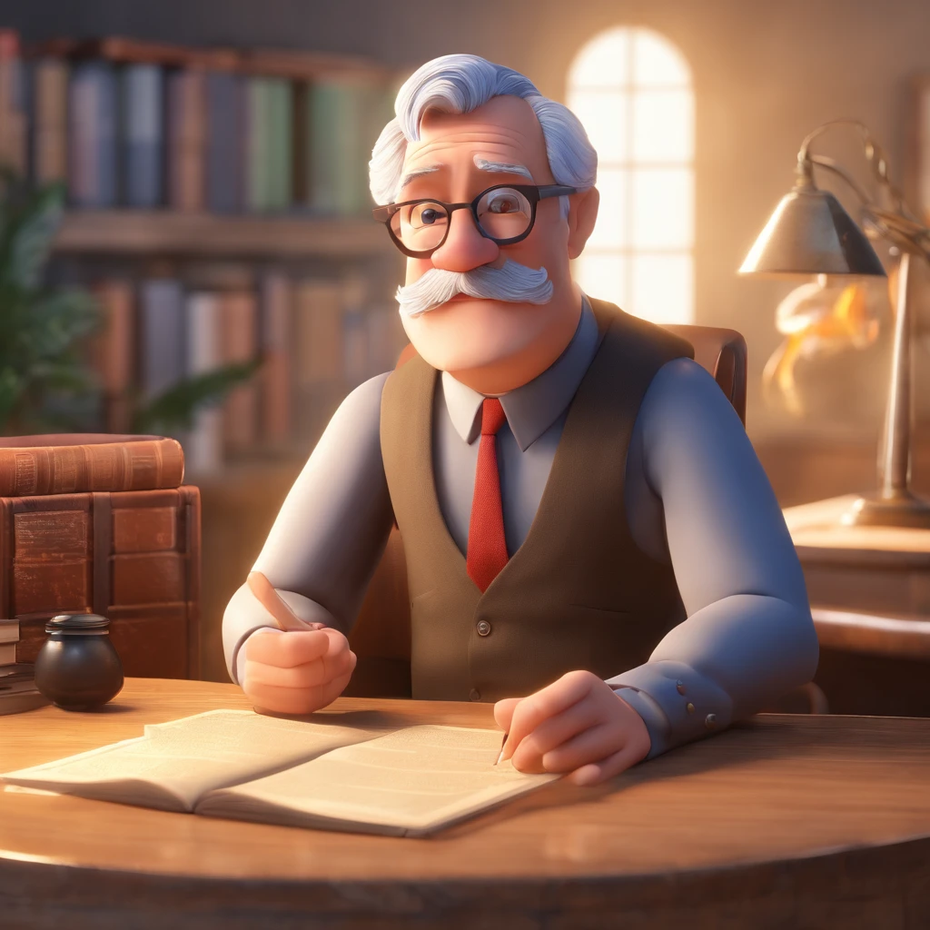Crie um cartaz inspirado na Disney Pixar com o personagem sendo o pastor Rubens Janier, A gray-haired man wearing glasses, in an office with a Bible on the table