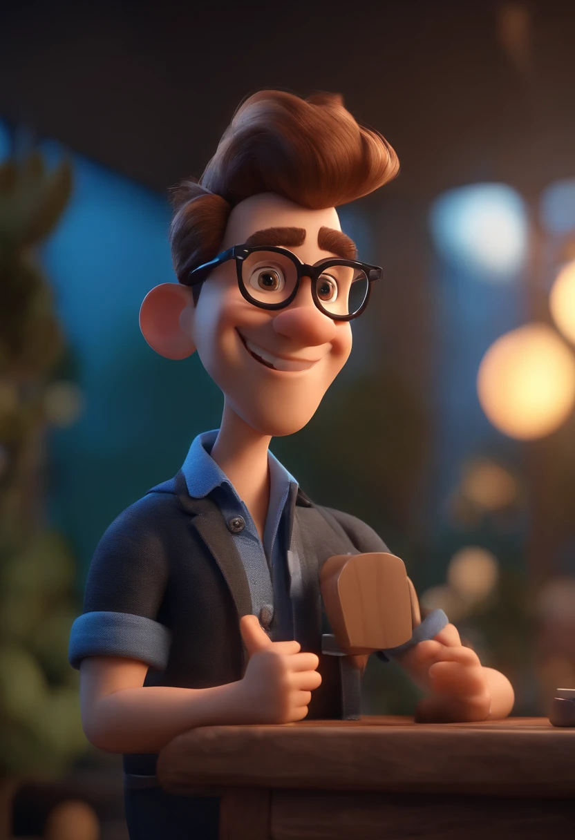 Cartoon character of a man wearing black glasses and a blue shirt, um personagem animado, Caractere estilizado, animation style rendering, 3D estilizado, Arnold Maya render, 3 d render stylized, toon render keyshot, Personagem 3D, Personagem 3D, 3d rendering stylized, 3 d character render, personagem de desenho animado, Personagem de close up, Pose de personagem, (Estilo Pixar) (master part:1.2) (Bokeh) (best quality) (pele detalhada) (textura detalhada) (8k) (argila) (Cinematic lighting) (foco nítido,Senta e vaza a parte superior do corpo