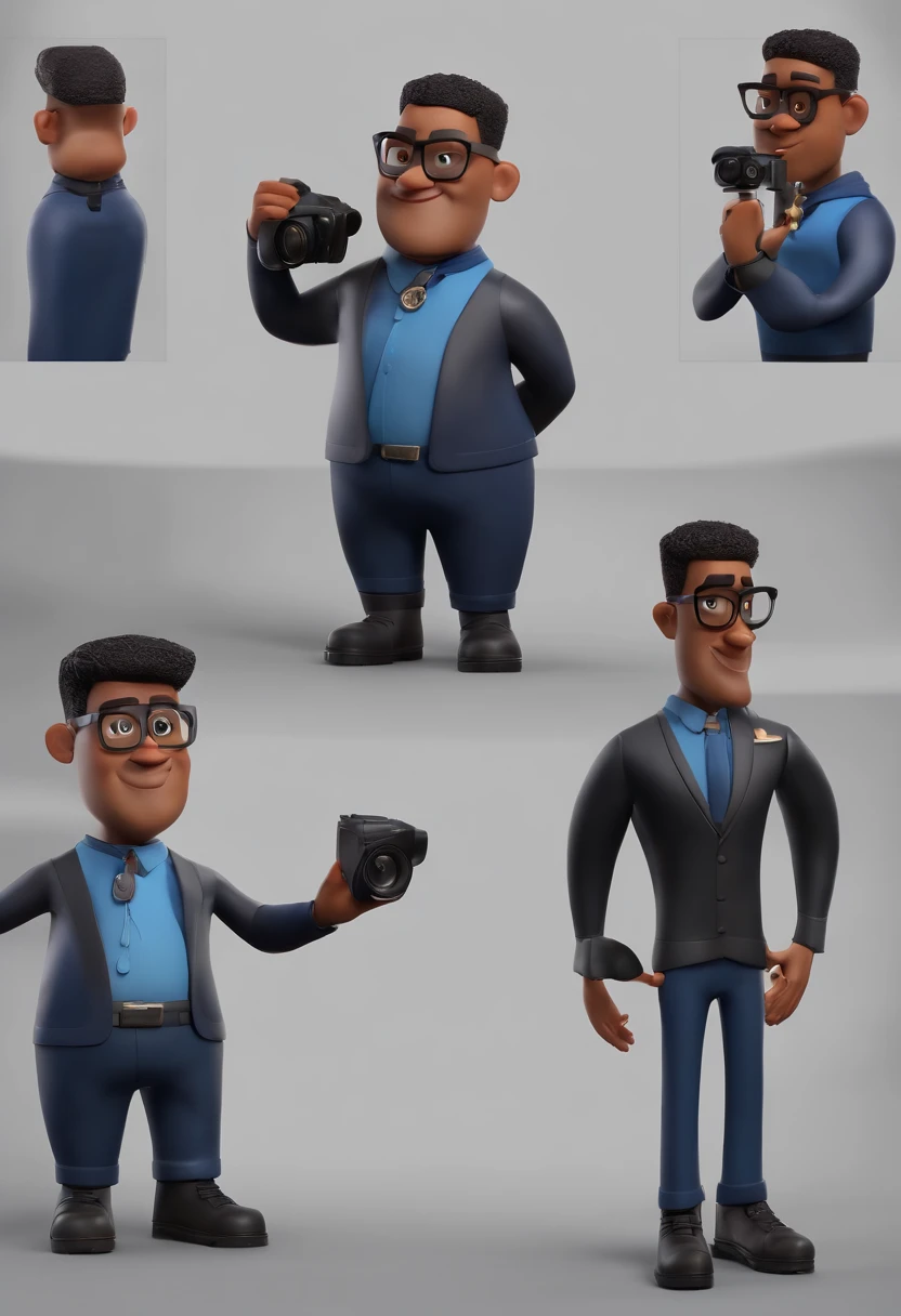 cartoon character of a BLACK man with black glasses and a blue shirt, Camera in hand, animation character, Caractere estilizado, animation style rendering, 3D estilizado, Arnold Maya render, 3 d render stylized, toon render keyshot, Personagem 3D, Personagem 3D, 3d rendering stylized, 3 d character render, personagem de desenho animado, Personagem de close up, Pose de personagem, (Estilo Pixar) (master part:1.2) (Bokeh) (best quality) (pele detalhada) (textura detalhada) (8k) (argila) (Cinematic lighting) (foco nítido