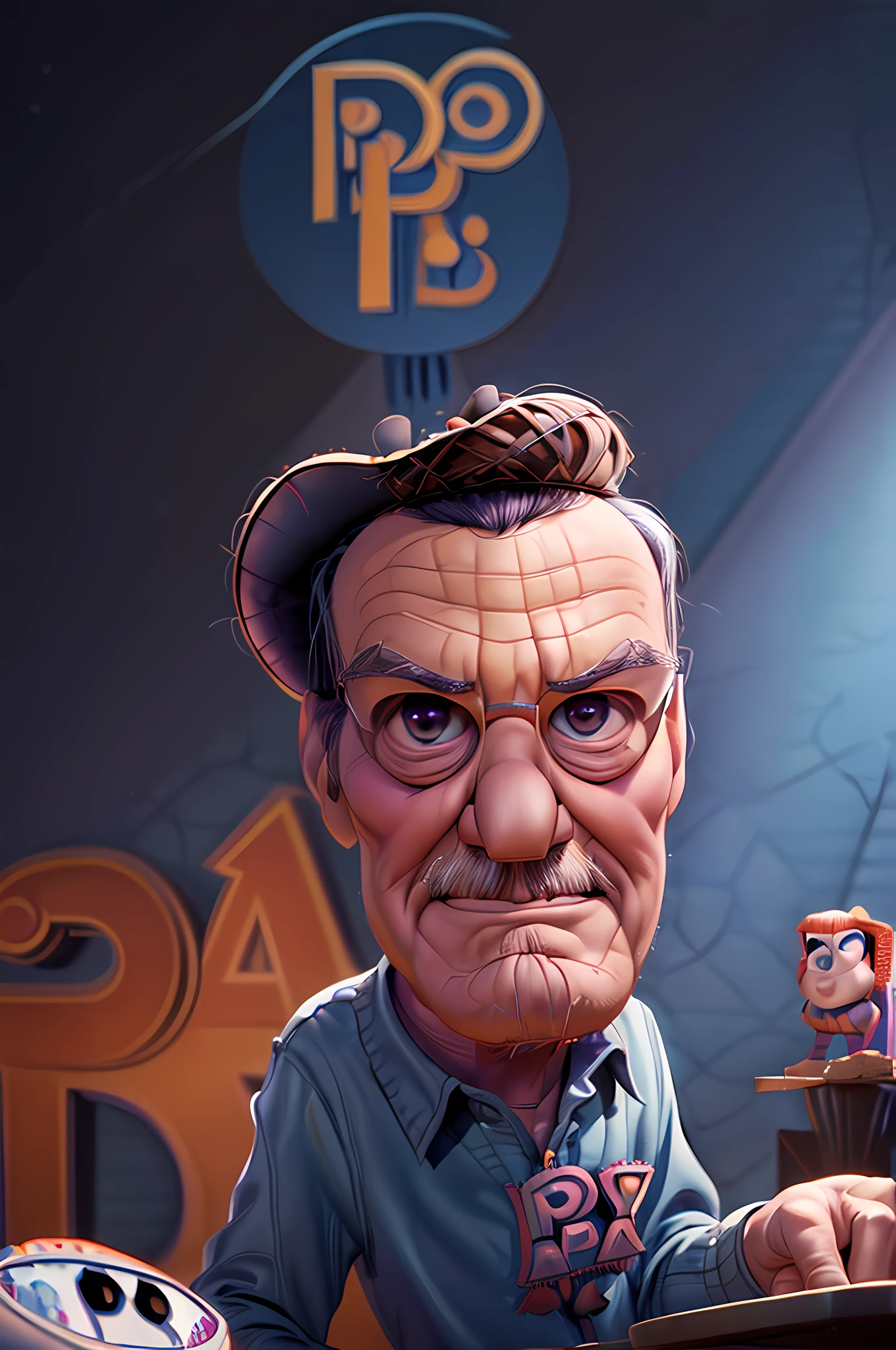 a portrait (Pixar art:1.5) of (Stan Lee: 1.3), sitting in his work room working on his next project, florescent light, famous Marvel Comics characters painted on the walls, animation study room background, ultra detailed, Masterpiece, best quality, photorealistic, pixarstyle