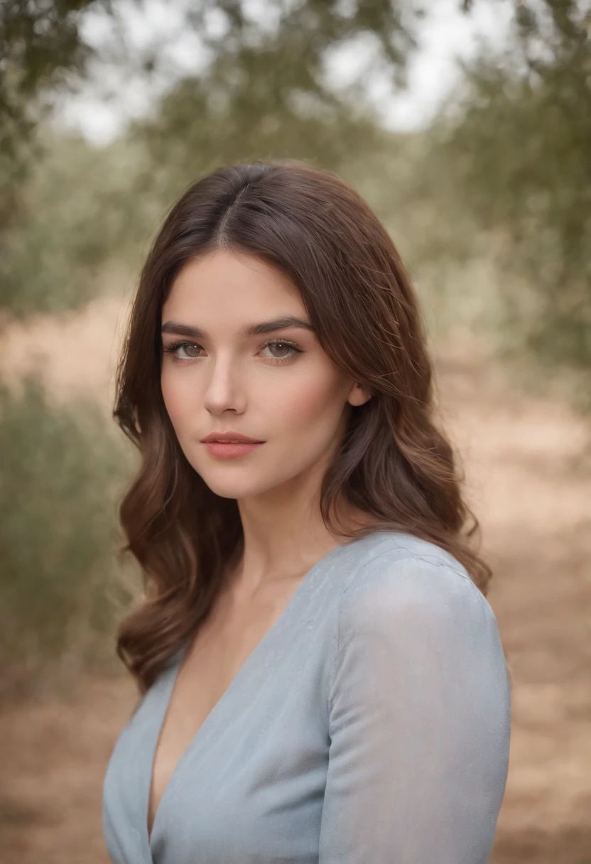 Obra maestra, realista, ojos detallados, Mirando al espectador, natural lighting, Profundidad de campo, movie grain, 24-year-old girl, Cabello moreno largo y ondulado, ojos grises, Camisa formal, Parte superior del cuerpo, retrato, primer plano, Front view, exterior, Sharp focus Fujifilm XT3, 8k uhd, dslr,