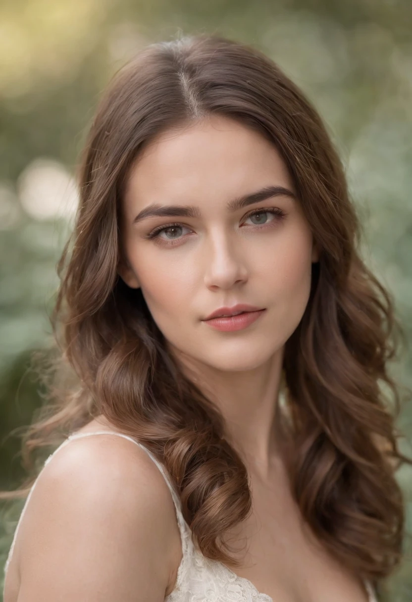 Obra maestra, realista, ojos detallados, Mirando al espectador, natural  lighting, Profundidad de campo, movie grain, 24-year-old girl, Cabello moreno largo y ondulado, ojos grises, Camisa formal, Parte superior del cuerpo, retrato, primer plano, Front view, exterior,  Sharp focus Fujifilm XT3, 8k uhd, dslr,
