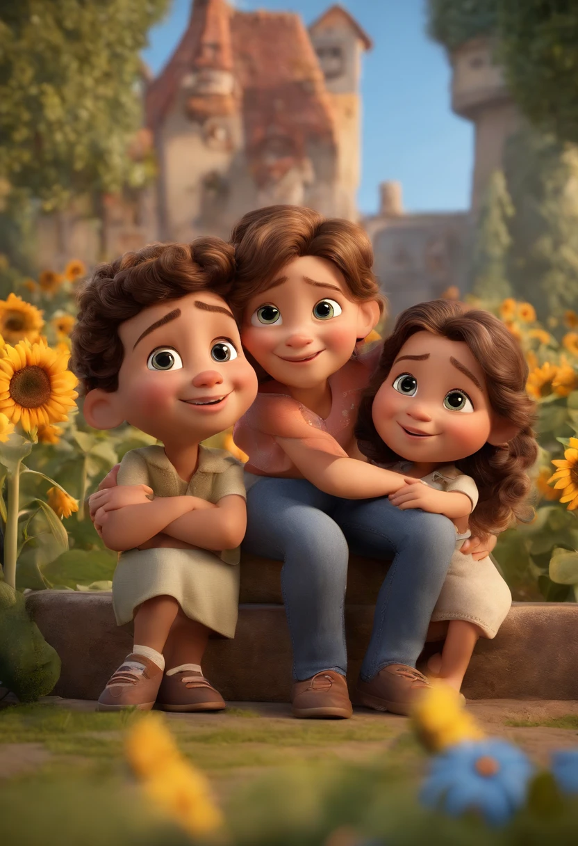 Create a Disney PIXAR-style 3D poster. ((centro da imagem, Triplets)), ((4 pessoas)) ((1 1 meninado, They're hugging each other, O menino tem pstanha e cabelos castanhos encaracolados e olhos castanhos escuros, 1 menina tem pele cllhos castanhos e cabelo loiro , e a outra menina tem pele clara, oscuros e cabelos escuros lisos e o homem careca, usa oculos e tem cavanhaque) ((tudo isso no estilo Disney PIXAR 3D, In the background, A house of sunflowers, Gloria Studio, The garden is full of nature 3D render RTX clay material, estilo de design cartunesco, POP Mart, soft lighting, linhas suaves, Spring tilt, Detailed illustrations of PIXAR 3D, Detalhes hiper-realistas, cor quente no estilo Disney PIXAR 3D))