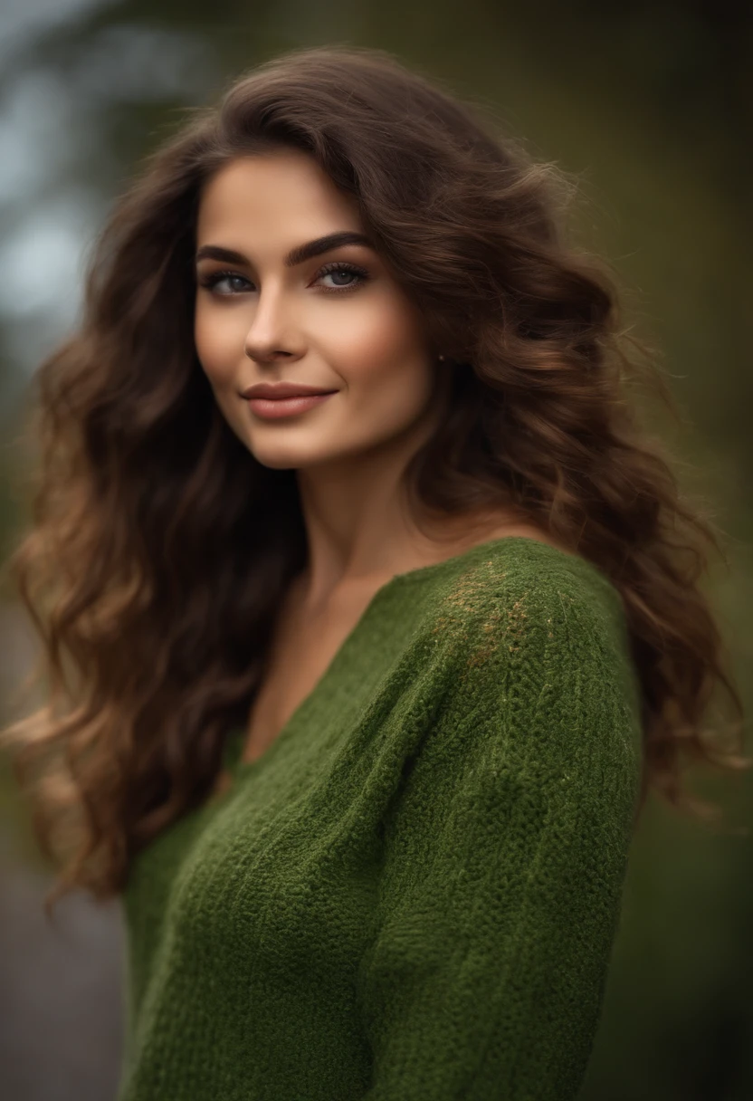 A stunning masterpiece of a high-resolution portrait of a beautifully detailed girl with long, cabelos castanhos brilhantes e olhos verdes hipnotizantes, wearing a cozy sweater and sporting a gorgeous smile that accentuates her small breasts, mas perfeitamente formados;.