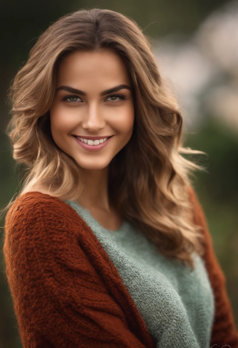 A stunning masterpiece of a high-resolution portrait of a beautifully detailed girl with long, cabelos castanhos brilhantes e olhos verdes hipnotizantes, wearing a cozy sweater and sporting a gorgeous smile that accentuates her small breasts, mas perfeitamente formados;.