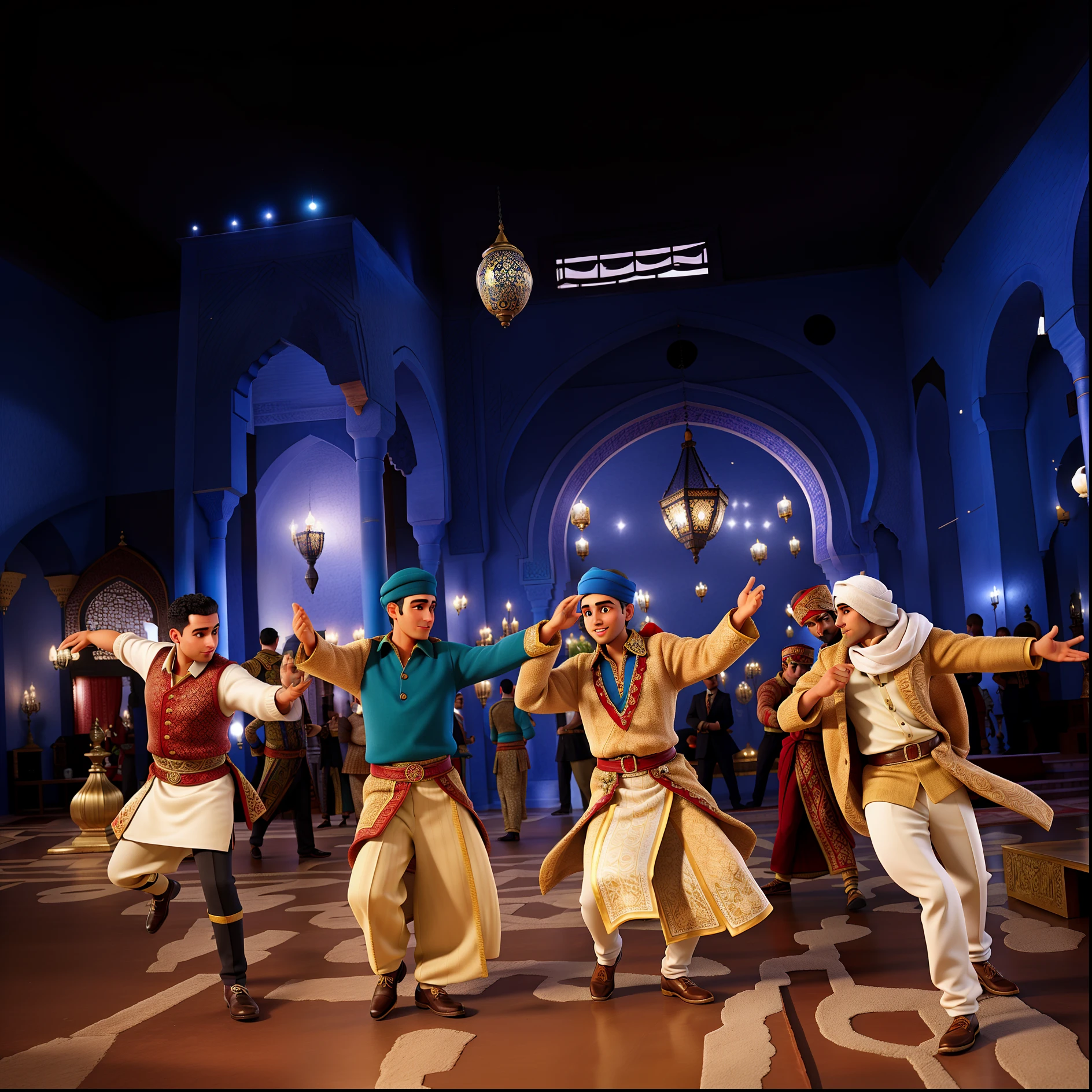 Men dancing in a Moroccan palace with Moroccan trages