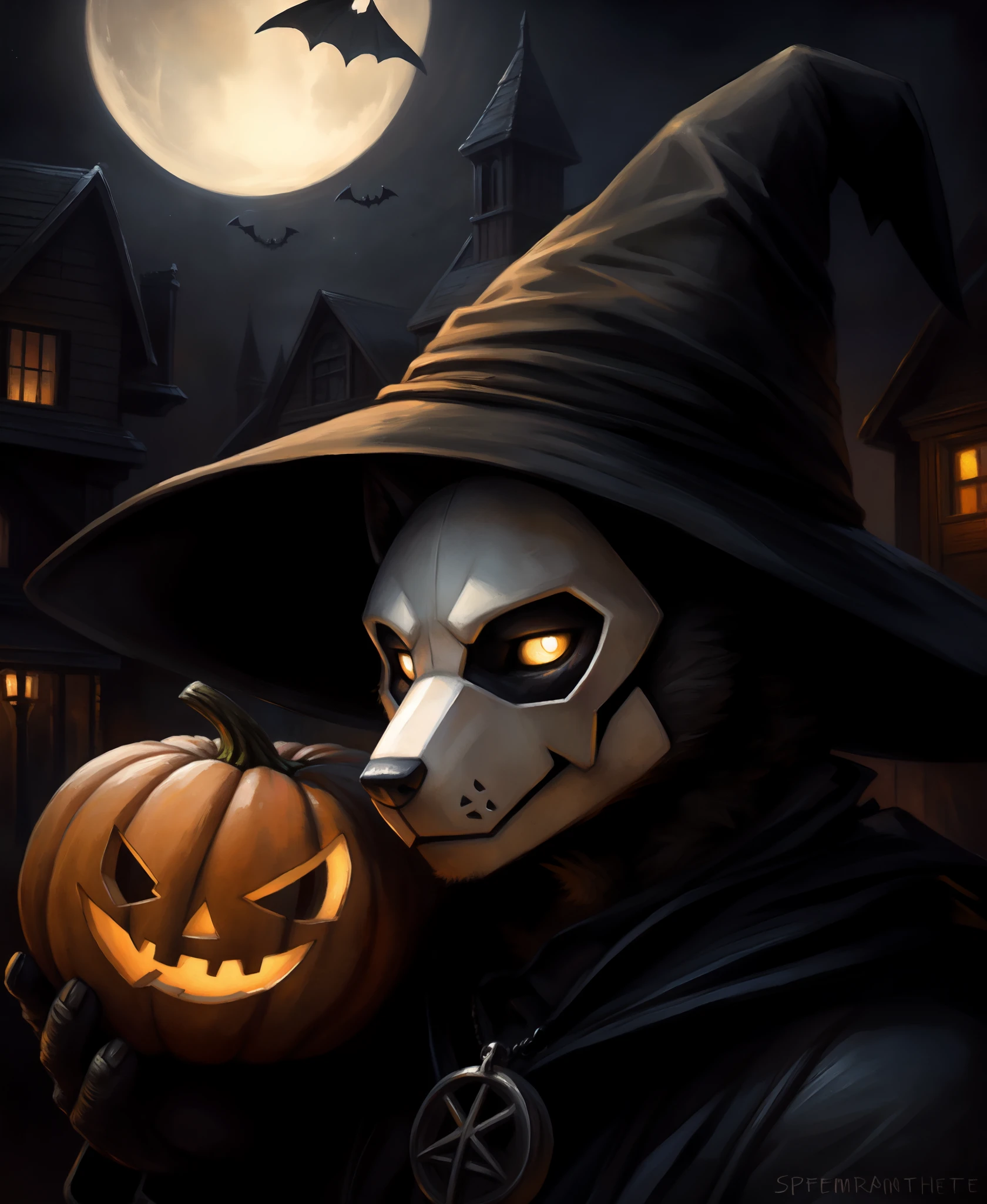 uploaded on e621, by kenket, by spectrumshift, by nommz, oil painting \(artwork\), solo, male, puro_(changed), mask, white eyes, white pupils, witch hat, witch outfit, bedroom eyes, seductive, halloween, jack-o'-lantern, gothic, detailed background, night,