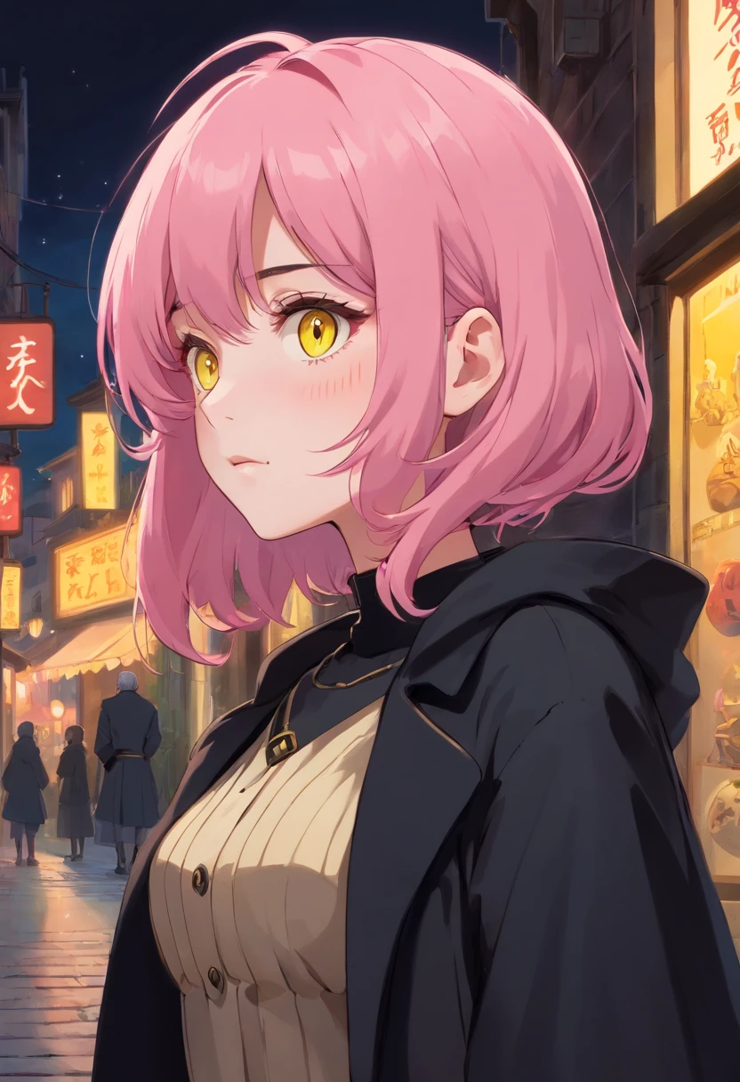 pink hair, yellow eyes, cute girl, 1girl, with gothic make up from the side, Black coat, short skirt,