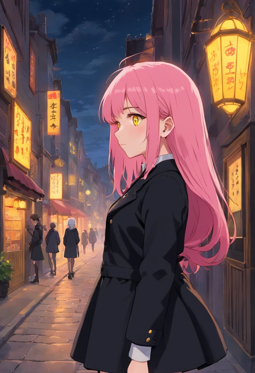 pink hair, yellow eyes, cute girl, 1girl, with gothic make up from the side, Black coat, short skirt,