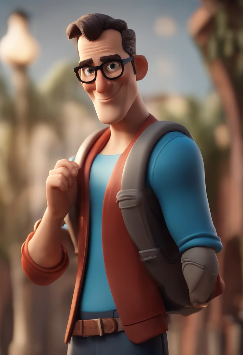 Cartoon character of a man wearing black glasses and a blue shirt, um personagem animado, Caractere estilizado, animation style rendering, 3D estilizado, Arnold Maya render, 3 d render stylized, toon render keyshot, Personagem 3D, Personagem 3D, 3d rendering stylized, 3 d character render, personagem de desenho animado, Personagem de close up, Pose de personagem, (Estilo Pixar) (master part:1.2) (Bokeh) (best quality) (pele detalhada) (textura detalhada) (8k) (argila) (Cinematic lighting) (foco nítido,Senta e vaza a parte superior do corpo