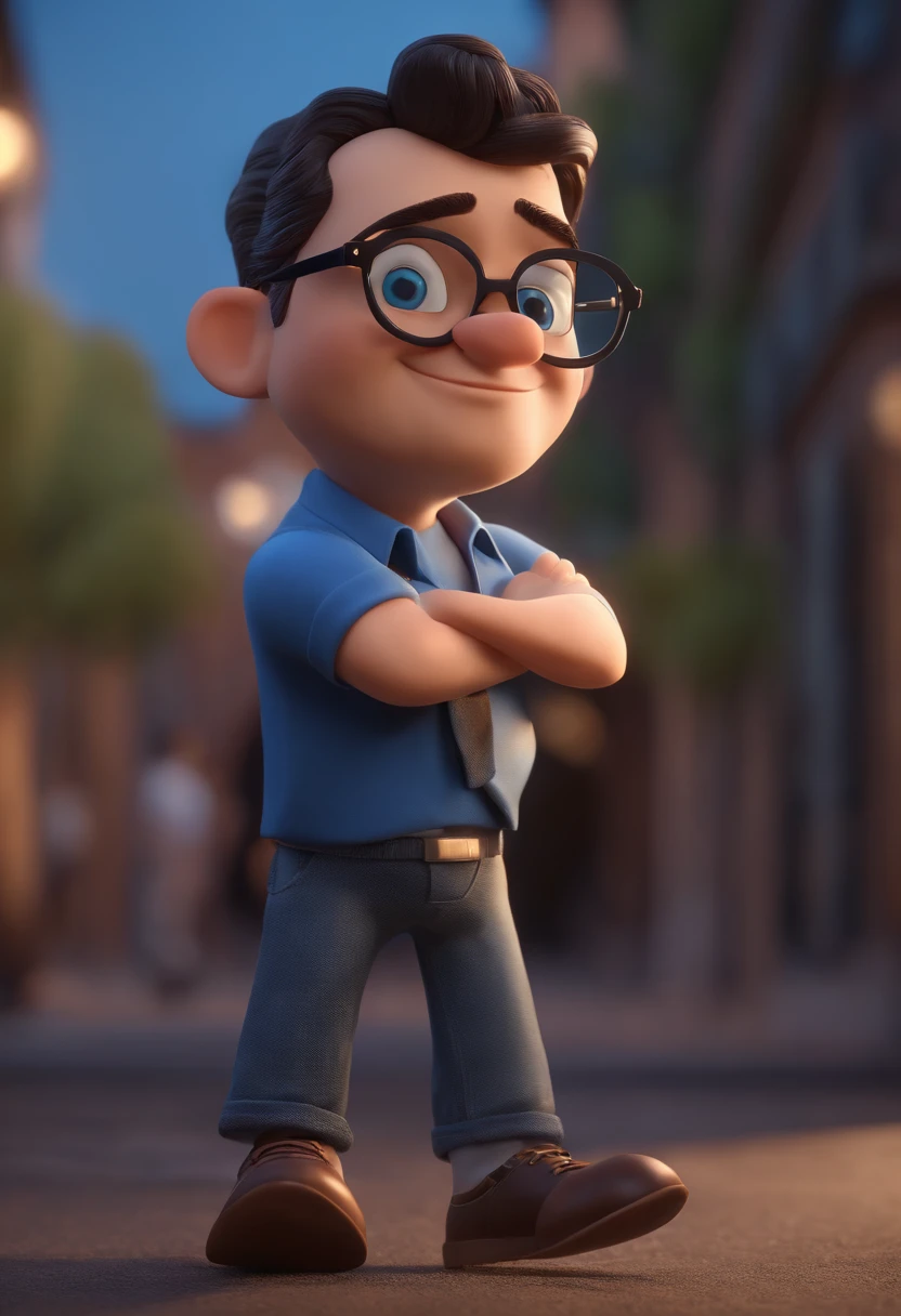 Cartoon character of a man wearing black glasses and a blue shirt, an animated character, stylized character, animation style render, Stylized 3 D, arnold maya render, 3 d render stylized, toon render keyshot, 3d character, 3 d character, stylized 3d render, 3 d character render, cartoon character, close up character, character posing, (Pixar style) (Masterpiece:1.2) (Bokeh) (Best quality) (Detailed skin) (Detailed texture) (8K) (Clay) (Cinematic lighting) (Sharp focus