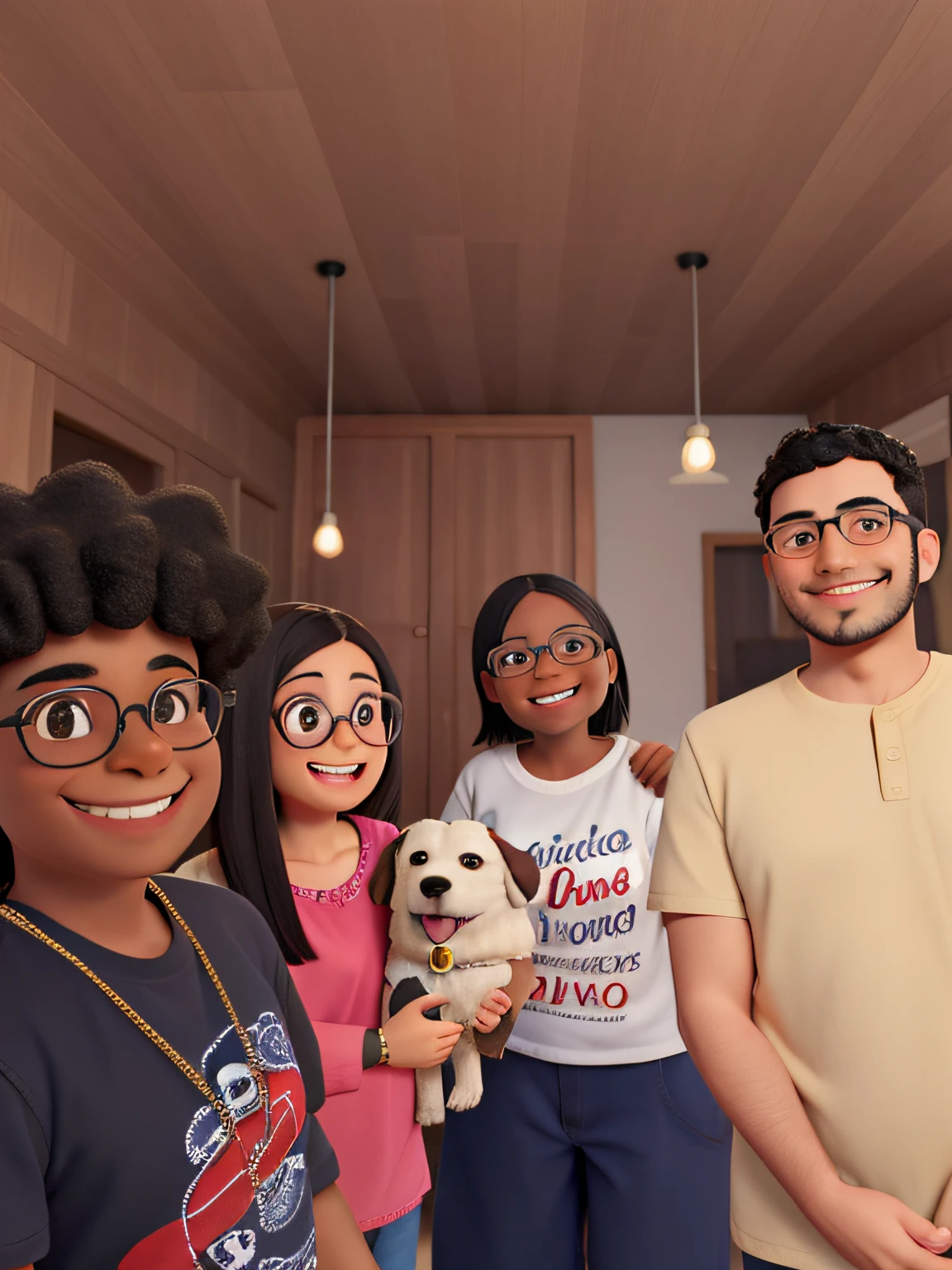 negro sorrindo com cabelo cacheado e camisa preta, Woman in glasses holding a dog, A girl with black hair and glasses smiling, um meninogode e camisa amarela, com topete