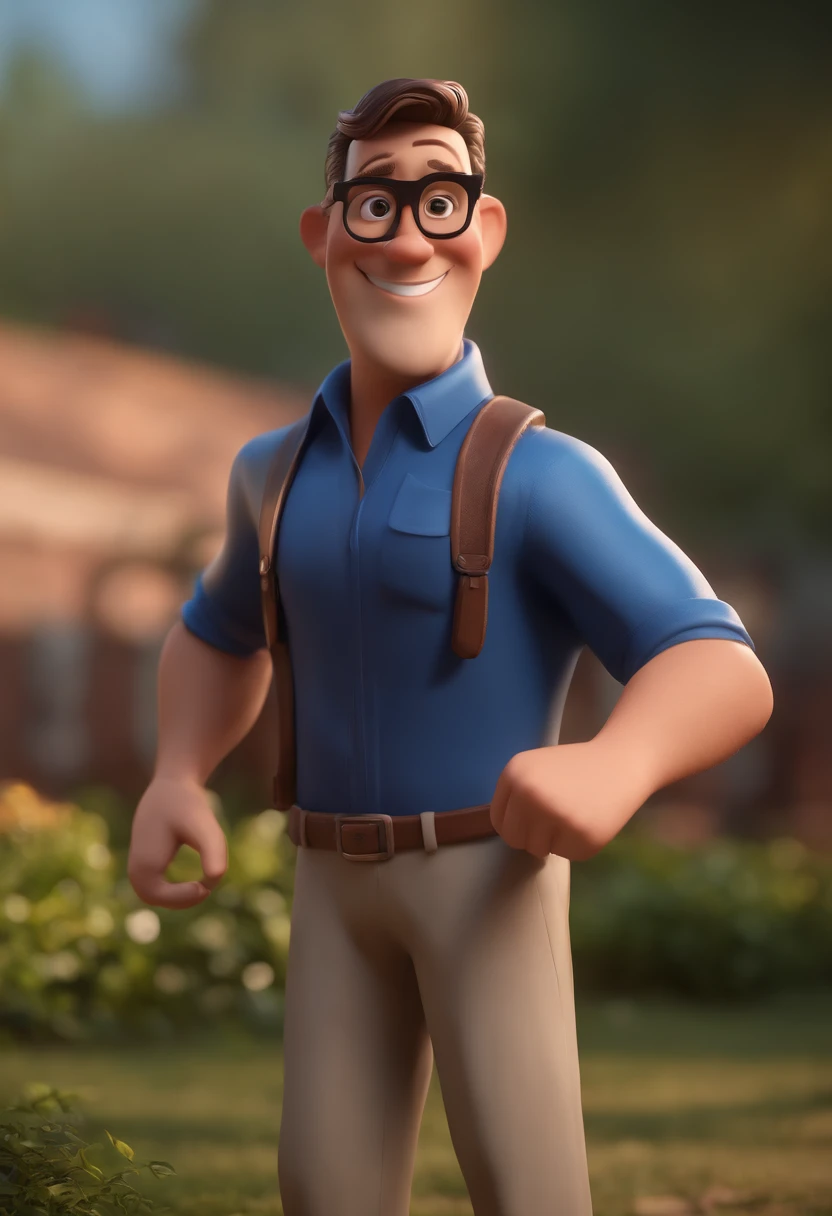 Cartoon character of a man with black glasses and a blue shirt, animation character, Caractere estilizado, animation style rendering, 3D estilizado, Arnold Maya render, 3 d render stylized, toon render keyshot, Personagem 3D, Personagem 3D, 3d rendering stylized, 3 d character render, personagem de desenho animado, Personagem de close up, Pose de personagem,  (Estilo Pixar) (master part:1.2) (Bokeh) (best quality) (pele detalhada) (textura detalhada) (8k) (argila) (Cinematic lighting) (foco nítido