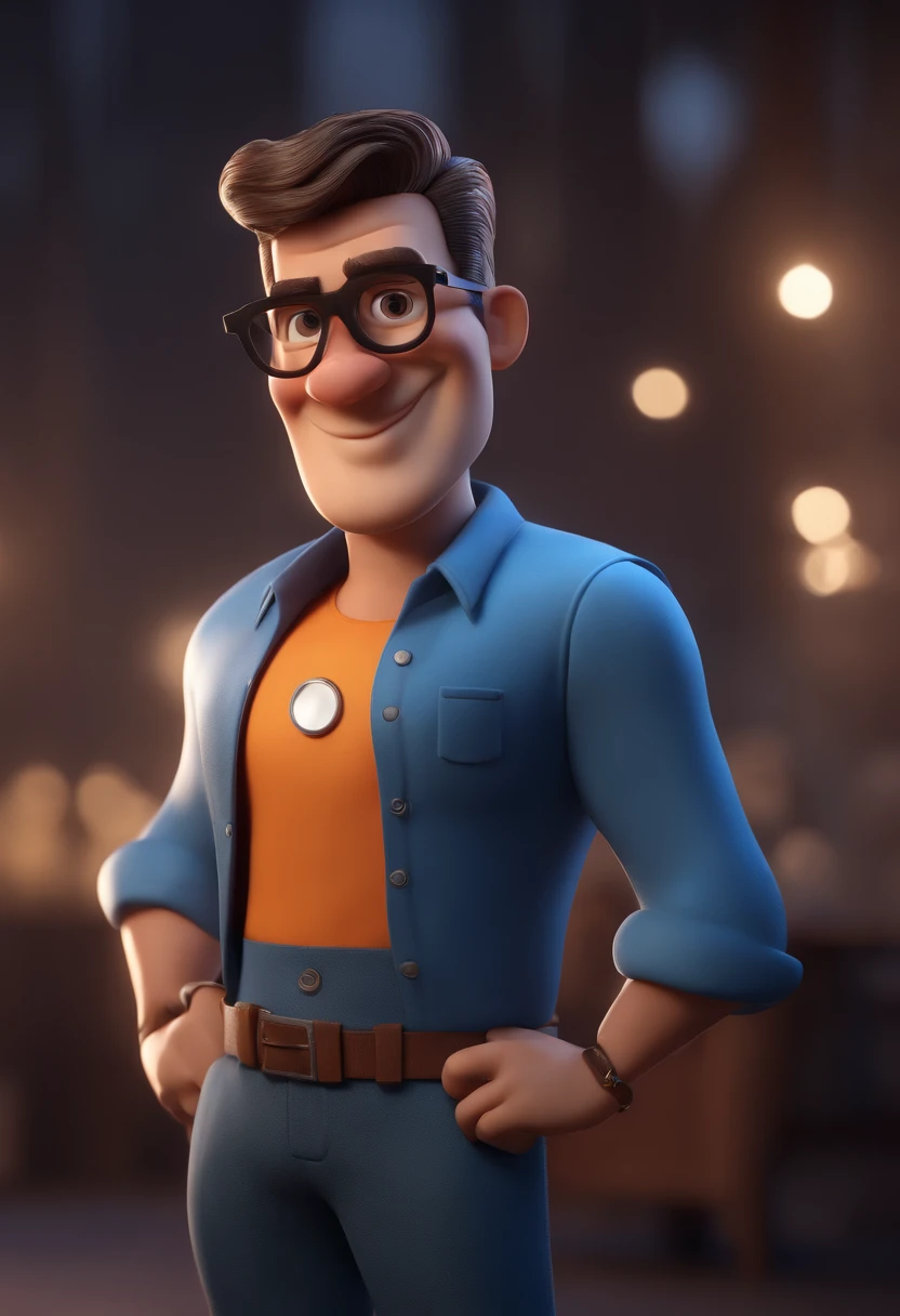 Cartoon character of a man with black glasses and a blue shirt, animation character, Caractere estilizado, animation style rendering, 3D estilizado, Arnold Maya render, 3 d render stylized, toon render keyshot, Personagem 3D, Personagem 3D, 3d rendering stylized, 3 d character render, personagem de desenho animado, Personagem de close up, Pose de personagem, (Estilo Pixar) (master part:1.2) (Bokeh) (best quality) (pele detalhada) (textura detalhada) (8k) (argila) (Cinematic lighting) (foco nítido