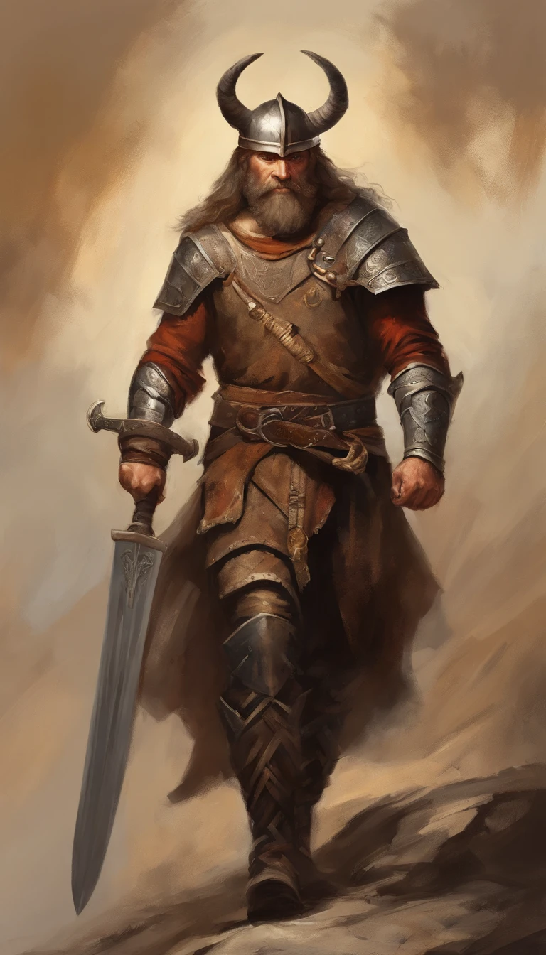 male in a brown outfit with a horned head and a sword, Personagem altamente detalhado, guerreiro viking, epic viking king, sentado em um cavalo, Old Norse epic hero, musculoso cabelo longo com tatuagem Filipino God of War, estilo modelshoot, (papel de parede CG 8k extremamente detalhado), Foto corporal da obra mais bonita do mundo, armadura medieval, retrato corporal, Ninrode, the first king of Babylon, hunterxhunter, barbarous, Macho, majestic professional oil painting by Ed Blinkey, Atey Ghailan, ghibli studio, Directed by: Jeremy Mann, Greg Manxadinho, Antonio Moro, Trend at Artstation, trend at CGSociety, intrincado, High detail, foco nítido, Dramatic and Photorealistic Painting Art by Midjourney and Greg Rutkowski