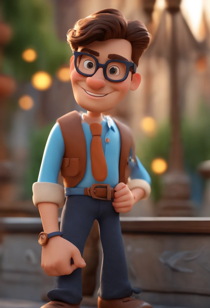 Cartoon character of a man wearing black glasses and a blue shirt, um personagem animado, Caractere estilizado, animation style rendering, 3D estilizado, Arnold Maya render, 3 d render stylized, toon render keyshot, Personagem 3D, Personagem 3D, 3d rendering stylized, 3 d character render, personagem de desenho animado, Personagem de close up, Pose de personagem, (Estilo Pixar) (master part:1.2) (Bokeh) (best quality) (pele detalhada) (textura detalhada) (8k) (argila) (Cinematic lighting) (foco nítido，Senta e vaza a parte superior do corpo