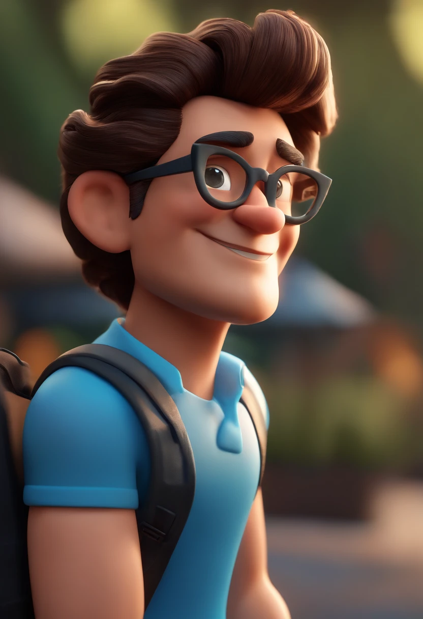 Cartoon character of a man wearing black glasses and a blue shirt, um personagem animado, Caractere estilizado, animation style rendering, 3D estilizado, Arnold Maya render, 3 d render stylized, toon render keyshot, Personagem 3D, Personagem 3D, 3d rendering stylized, 3 d character render, personagem de desenho animado, Personagem de close up, Pose de personagem, (Estilo Pixar) (master part:1.2) (Bokeh) (best quality) (pele detalhada) (textura detalhada) (8k) (argila) (Cinematic lighting) (foco nítido,Senta e vaza a parte superior do corpo