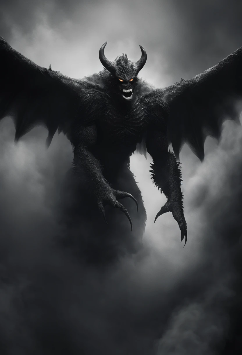 A monster made of black and white smoke, it’s eyes are glowing white dots and it has a large smile as a mouth, two shadowy wings emerge from its back,