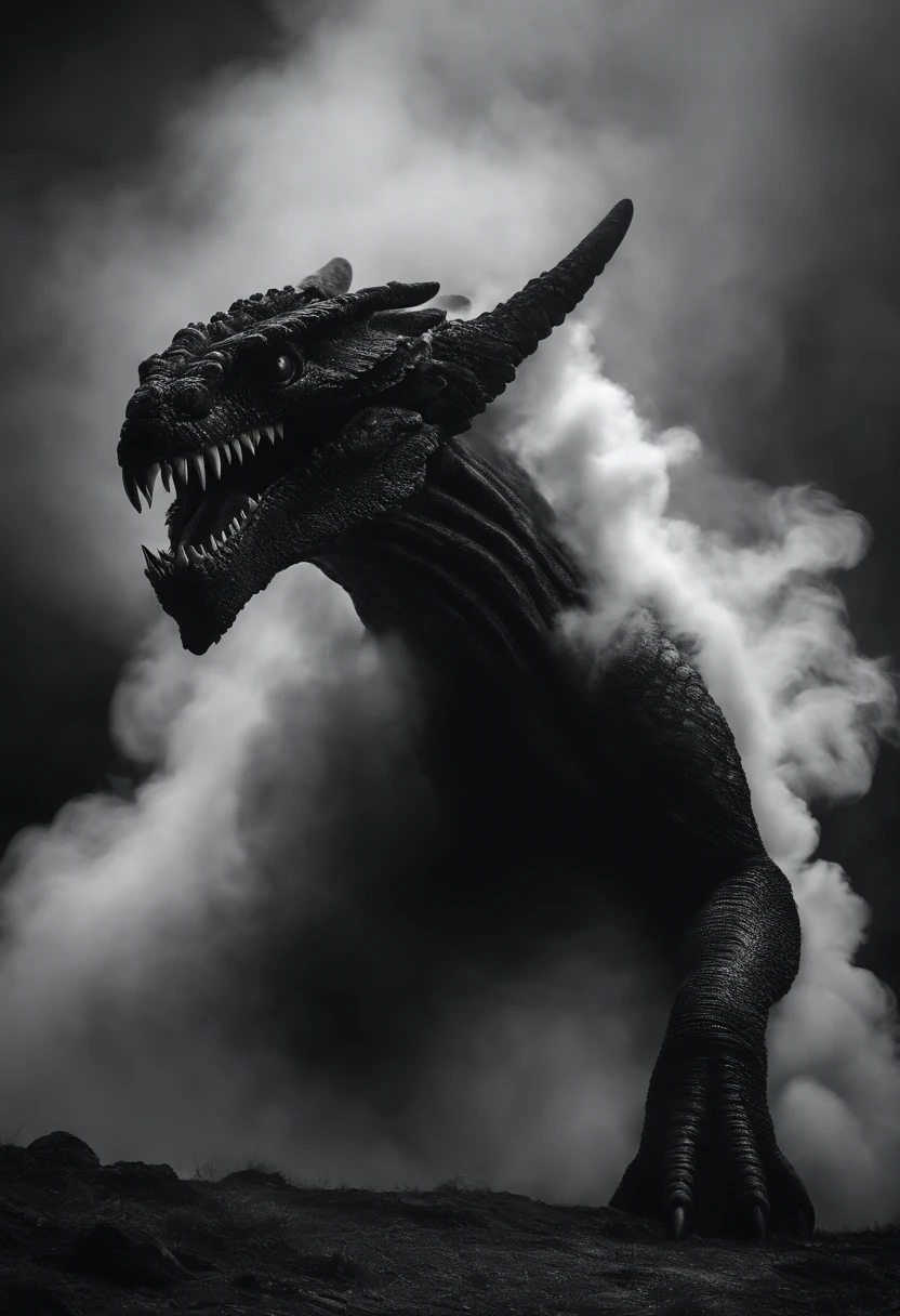 A monster made of black and white smoke, it’s eyes are glowing white dots and it has a large smile as a mouth, two shadowy wings emerge from its back,