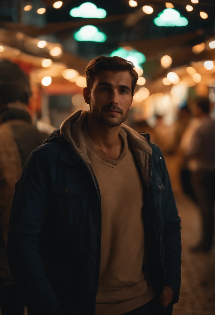 Um homem jovem de 33 anos de 1,70m standing illuminated by a white light with a market in the background