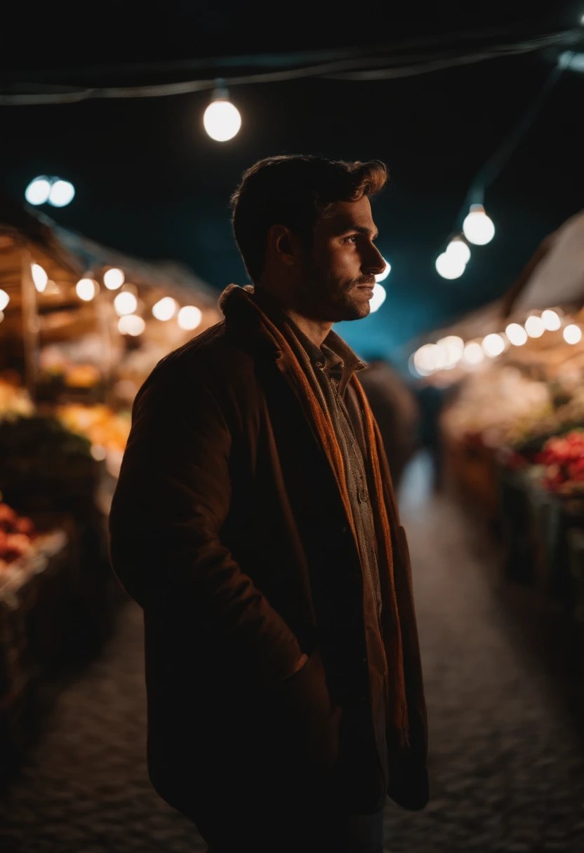 Um homem jovem de 33 anos de 1,70m standing illuminated by a white light with a market in the background
