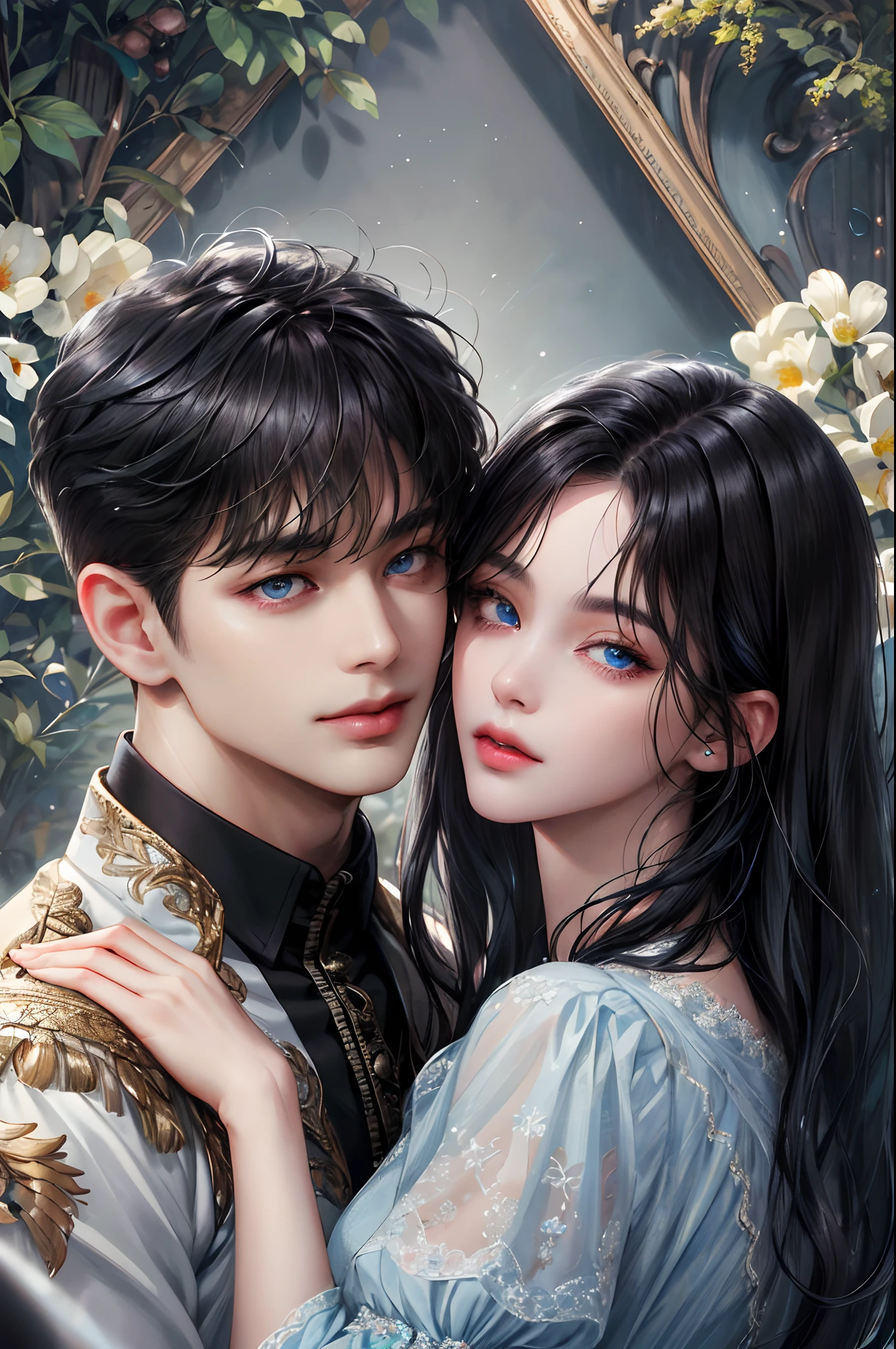 (absurdly , high quality , masterpiece , ultra detailed), ( detailed to hand ) (detailed to eyes) (detailed to face) , couples, 1 man (short black Quiff hair with Soft Fringe, bangs part on side 3:7 ratio) and 1 woman (short black hair with fringe) love ,pretty eyes (blue eyes) , black hair, fantasy, detailed background, soft light