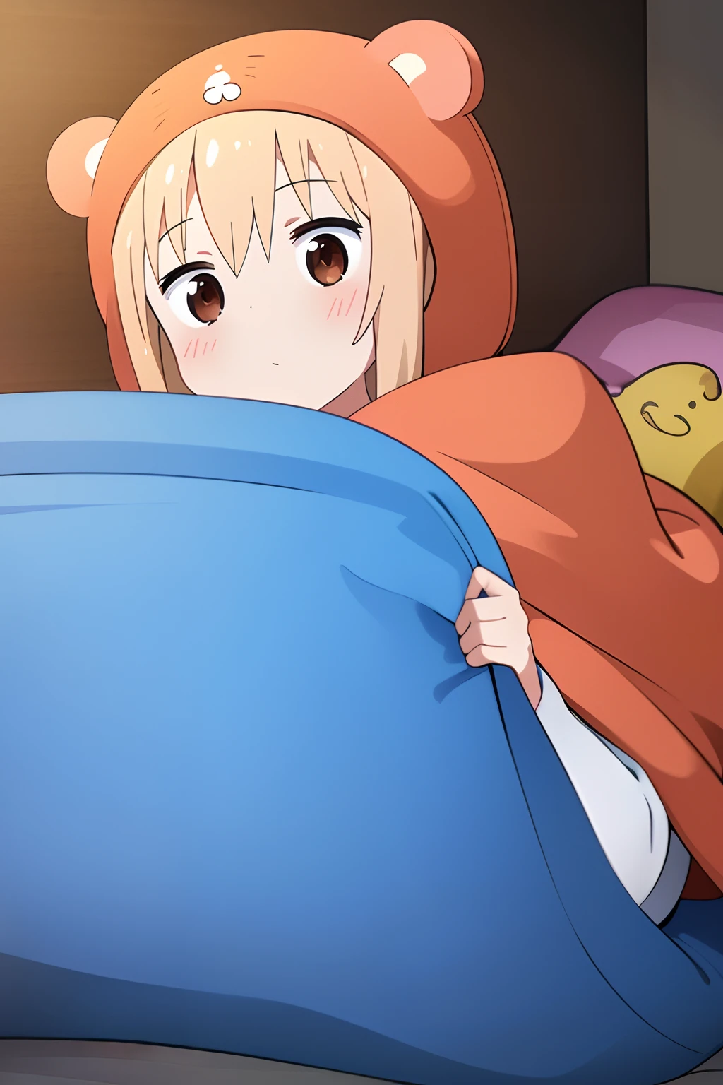 A girl in a hamster costume, lying on a bed with a blanket pulled over her head. she has peach coloured hair and brown eyes