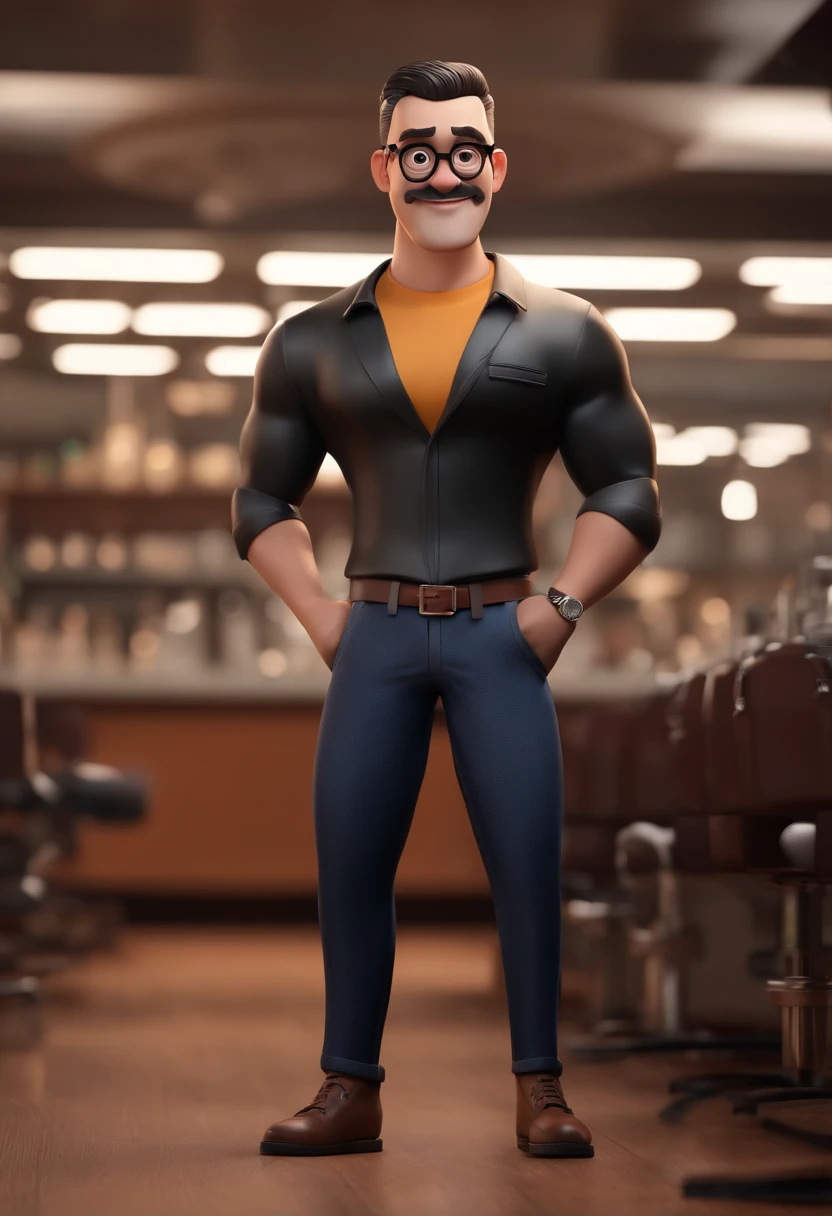 cartoon character of a man with black glasses and a black shirt written Seventeen Barbershop on his chest, animation character, Caractere estilizado, animation style rendering, 3D estilizado, Arnold Maya render, 3 d render stylized, toon render keyshot, Personagem 3D, Personagem 3D, 3d rendering stylized, 3 d character render, personagem de desenho animado, Personagem de close up, Pose de personagem,  (Estilo Pixar) (master part:1.2) (Bokeh) (best quality) (pele detalhada) (com barba) (textura detalhada) (8k) (argila) (Cinematic lighting) (foco nítido