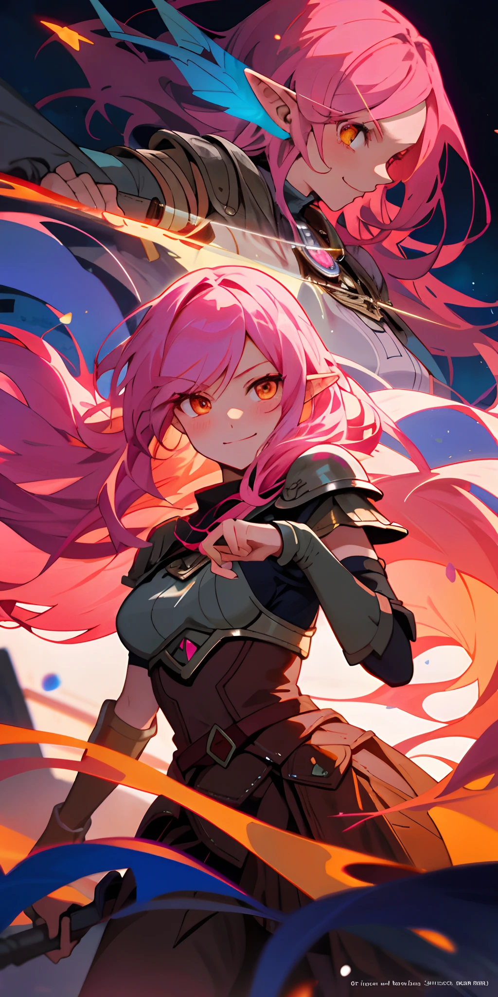 Very detailed illustration of a valkyrie, elf woman, long dark-pink hair, smirk, orange eyes, blushed, zoomed, detailed colorful port environment, whimsical, tetradic colors, cartoon, darkest dungeon merged with league of legends, MSchiffer, fairytale, fantasy, cartoonish vector, anime, manga, vibrant, soft pastel colors, (cel-shaded) flat coloring