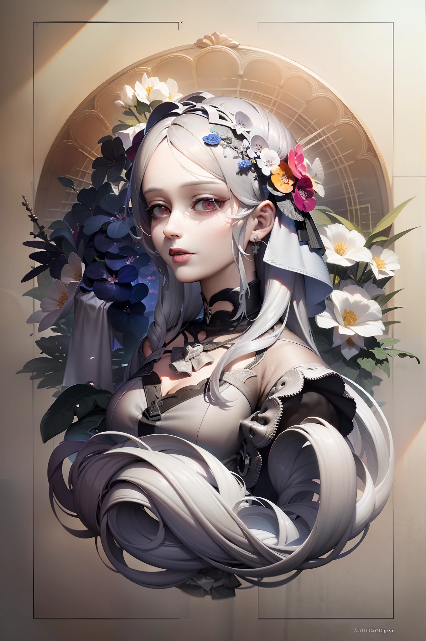 (Highest picture quality), (highly detailed) skeleton, white, blue eyes, black background, white long hair, white flowers in circle,  (photo-realistic:1.1),