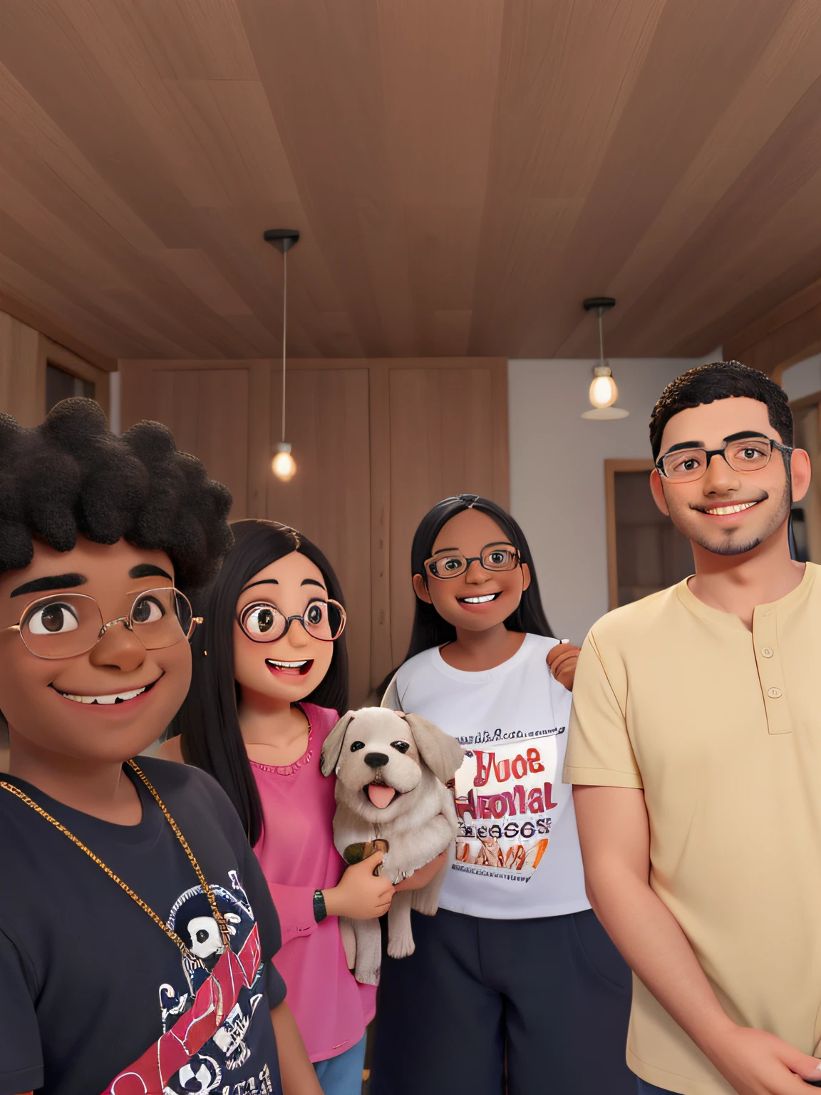 Menino negro sorrindo com cabelo cacheado e camisa preta, Woman in glasses holding a dog, A girl with black hair and glasses smiling, um menino de bigode e camisa amarela, com topete
