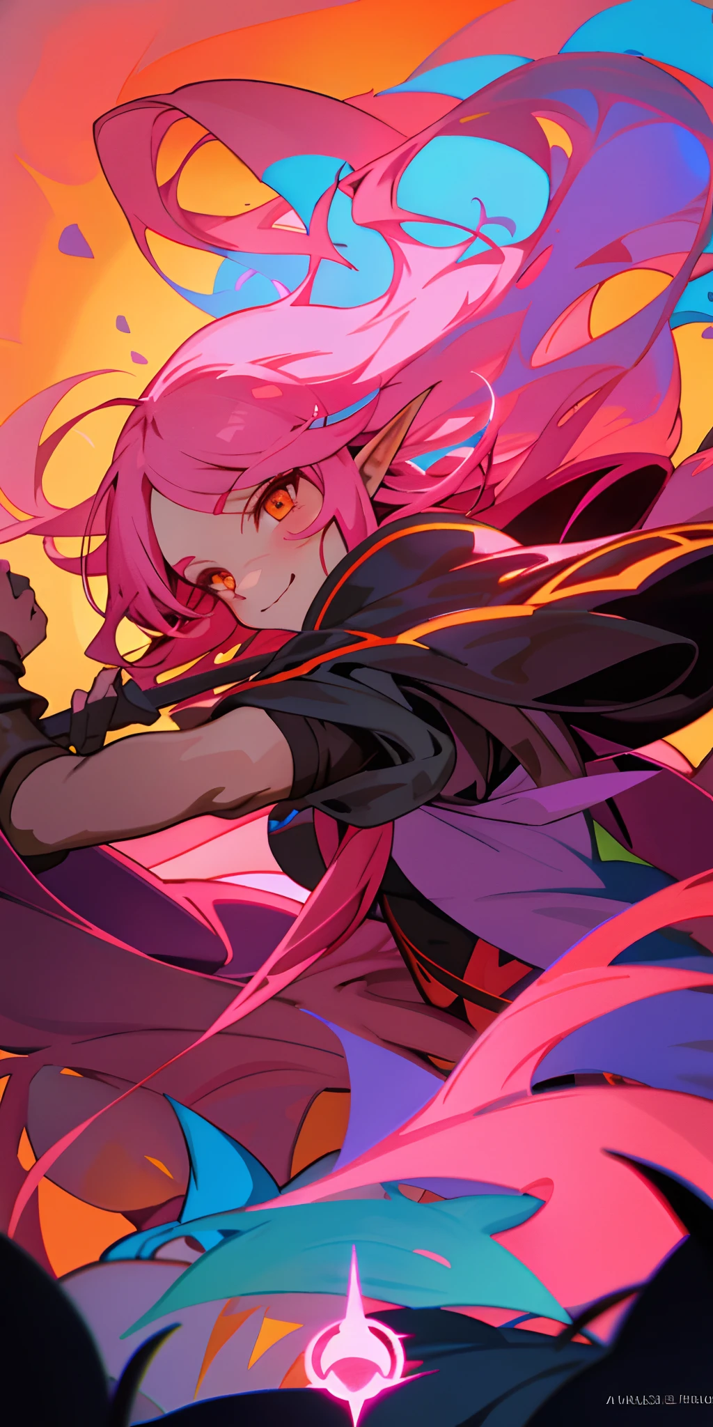 Very detailed illustration of a valkyrie, elf woman, long dark-pink hair, smirk, orange eyes, blushed, zoomed, detailed colorful port environment, whimsical, tetradic colors, cartoon, darkest dungeon merged with league of legends, MSchiffer, fairytale, fantasy, cartoonish vector, anime, manga, vibrant, soft pastel colors, (cel-shaded) flat coloring