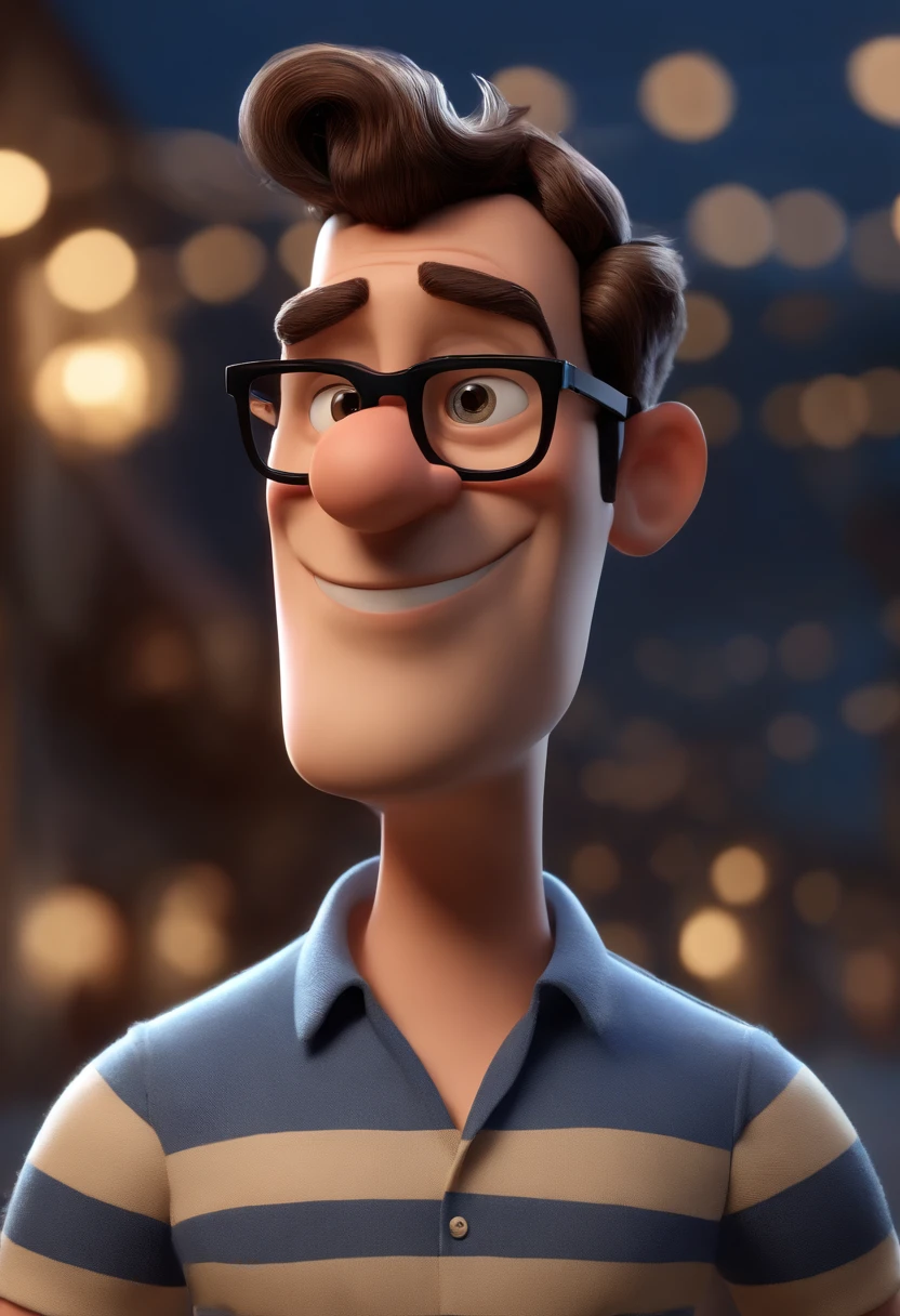Cartoon character of a man with black glasses, cabelo cacheado marrom escuro e uma camisa azul, animation character, Caractere estilizado, animation style rendering, 3D estilizado, Arnold Maya render, 3 d render stylized, toon render keyshot, Personagem 3D, Personagem 3D, 3d rendering stylized, 3 d character render, personagem de desenho animado, Personagem de close up, Pose de personagem, (Estilo Pixar) (master part:1.2) (Bokeh) (best quality) (pele detalhada) (textura detalhada) (8k) (argila) (Cinematic lighting) (foco nítido