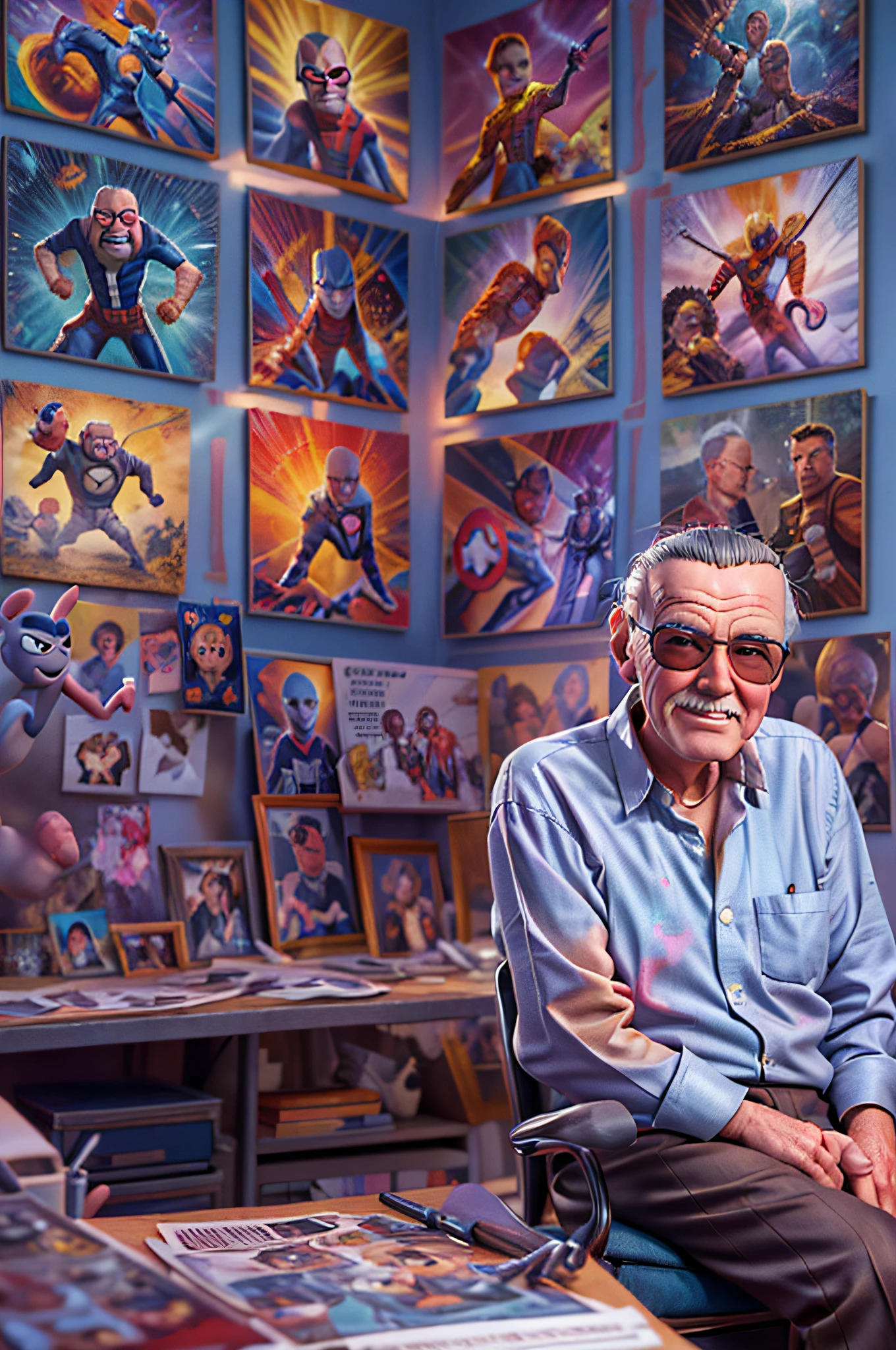 a portrait of (Stan Lee: 1.3), sitting in his work room working on his next project, florescent light, famous Marvel Comics characters painted on the walls, animation study room background, ultra detailed, Masterpiece, best quality, photorealistic, pixarstyle