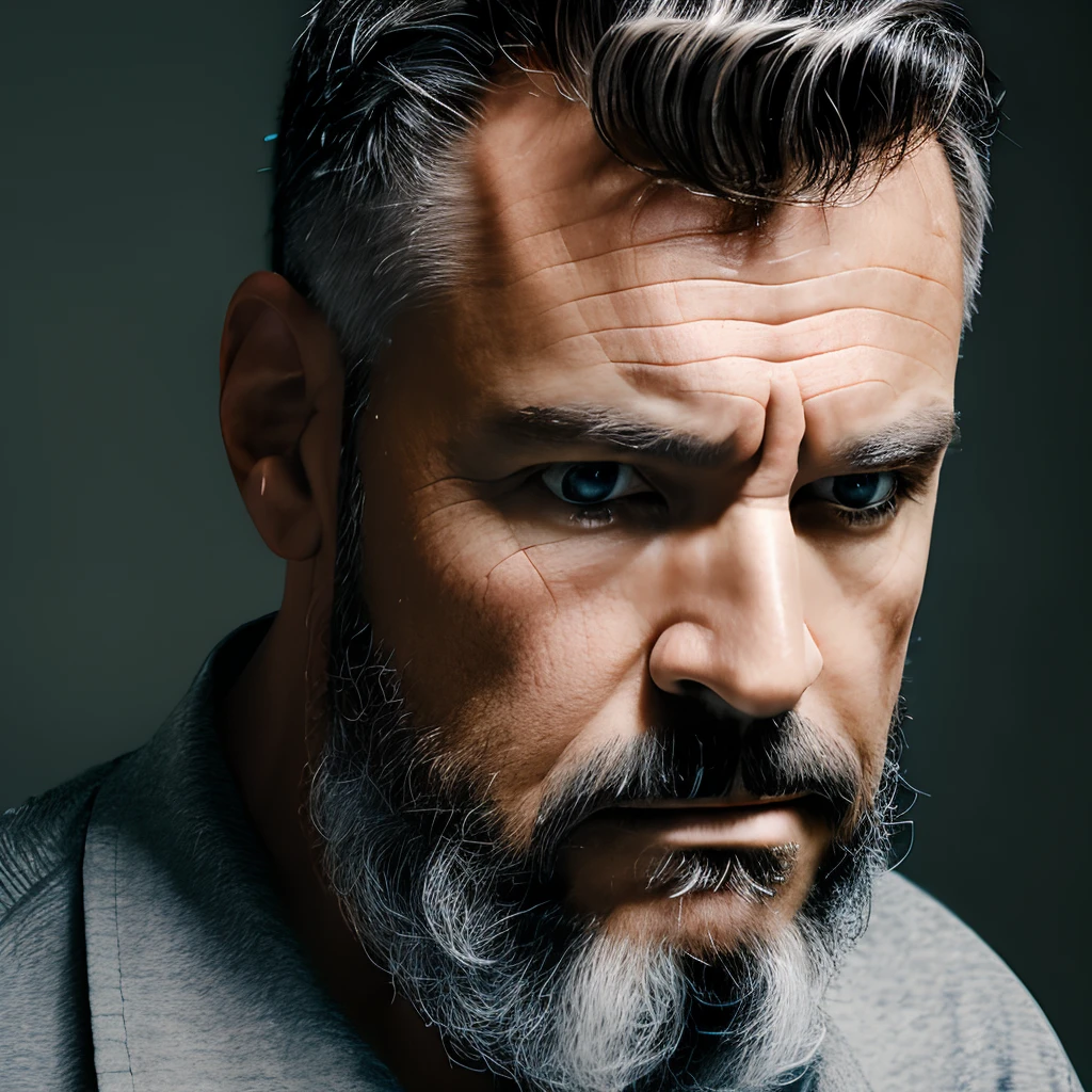 Close-up portrait of a mature man with graying hair and beard, wearing a black silk dress shirt. His chest is quite hairy, with some of the chest hair visible through the open shirt. Realistic skin. He is looking directly at the camera. Studio chiaroscuro lighting and a black background speckled with white and gray. Background with depth of field. 8k resolution.