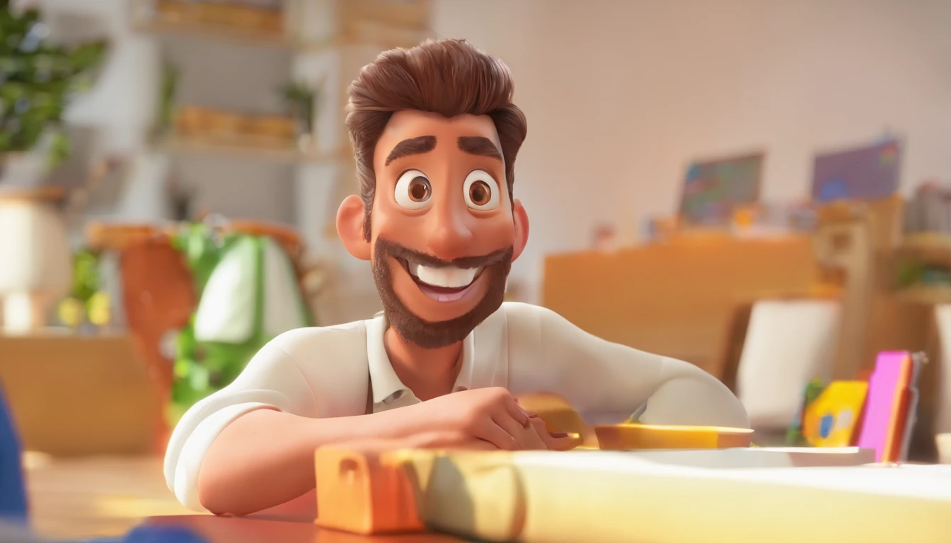 Smiling Man Illustration, sorriso insano, Homem de pele marrom com um sorriso gigante, happily smiling at the camera, sorriso atrevido, he's smiling, sorriso muito grande, Macho sorridente, foto de perfil headshot, rindo sorriso enorme, desenhando no estilo de Arte 3D, c4d, fundo de cor branco puro, estilo disney, estilo pixar render ilustracao Super Detalhe, 8k
