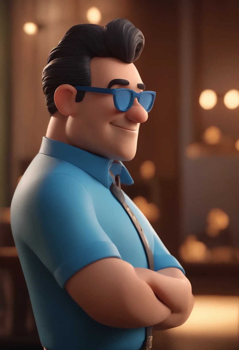 Cartoon character of a man with black glasses and a blue shirt, animation character, Caractere estilizado, animation style rendering, 3D estilizado, Arnold Maya render, 3 d render stylized, toon render keyshot, Personagem 3D, Personagem 3D, 3d rendering stylized, 3 d character render, personagem de desenho animado, Personagem de close up, Pose de personagem, (Estilo Pixar) (master part:1.2) (Bokeh) (best quality) (pele detalhada) (textura detalhada) (8k) (argila) (Cinematic lighting) (foco nítido