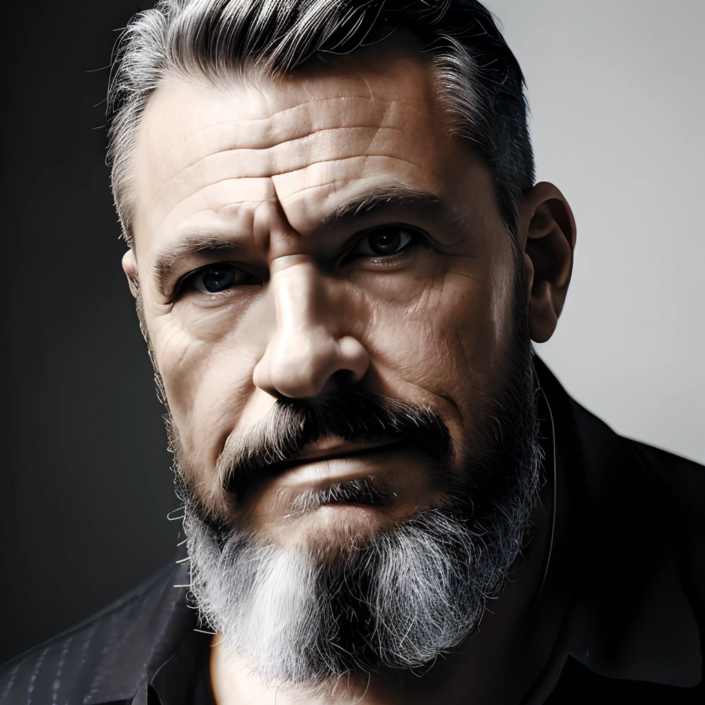 Close-up portrait of a mature man with graying hair and beard, wearing a black silk dress shirt. His chest is quite hairy, with some of the chest hair visible through the open shirt. Realistic skin. He is looking directly at the camera. Studio chiaroscuro lighting and a black background speckled with white and gray. Background with depth of field. 8k resolution.