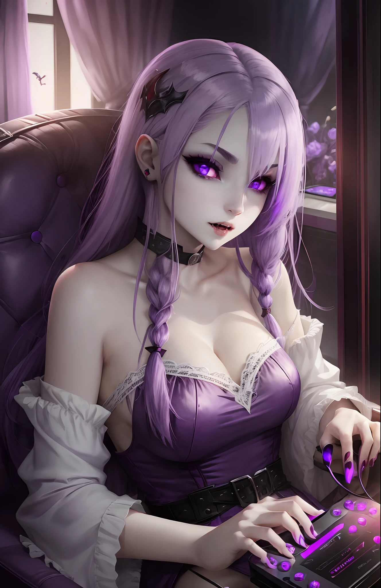 female vampire, white skin, bloody fangs, purple hair, violet eyes, playing a video game. --auto --s2